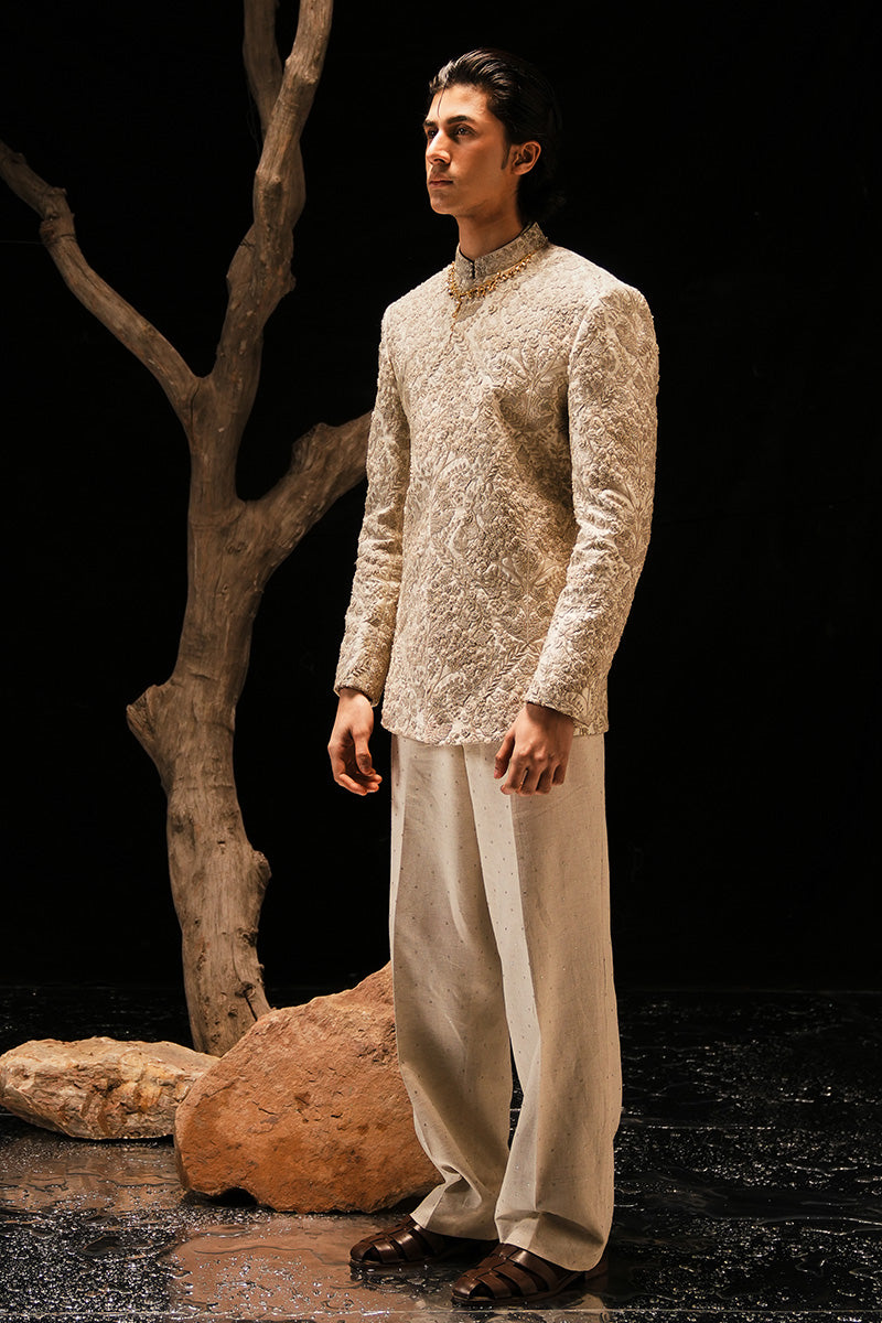 Beige Hand-Embroidered Silk-Blend Prince Coat (2-Piece) - Image 9