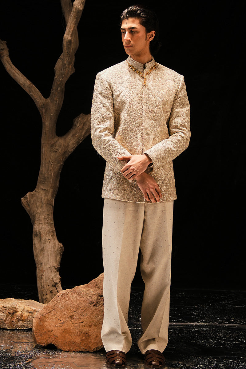 Beige Hand-Embroidered Silk-Blend Prince Coat (2-Piece) - Image 1