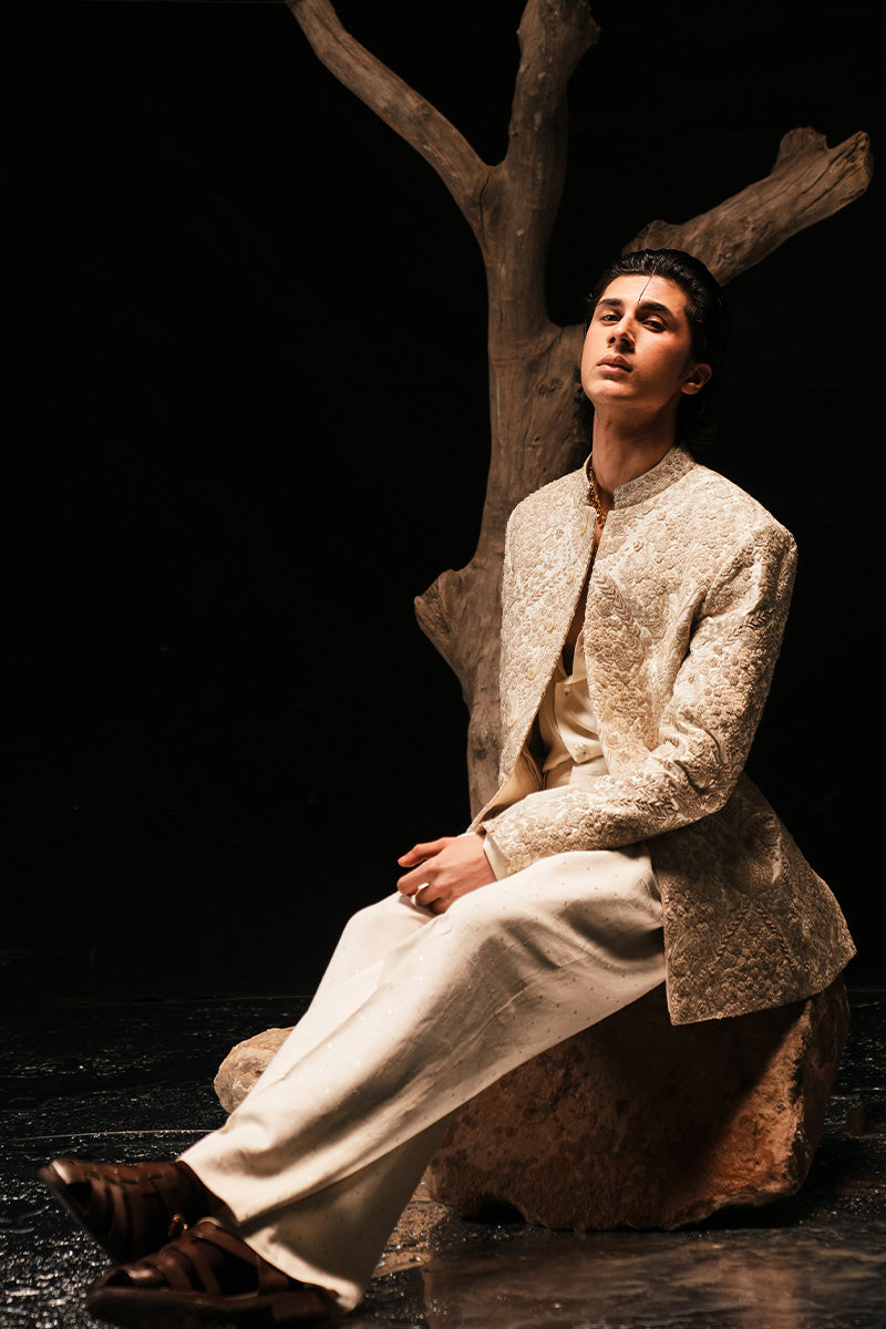 Beige Hand-Embroidered Silk-Blend Prince Coat (2-Piece) - Image 10