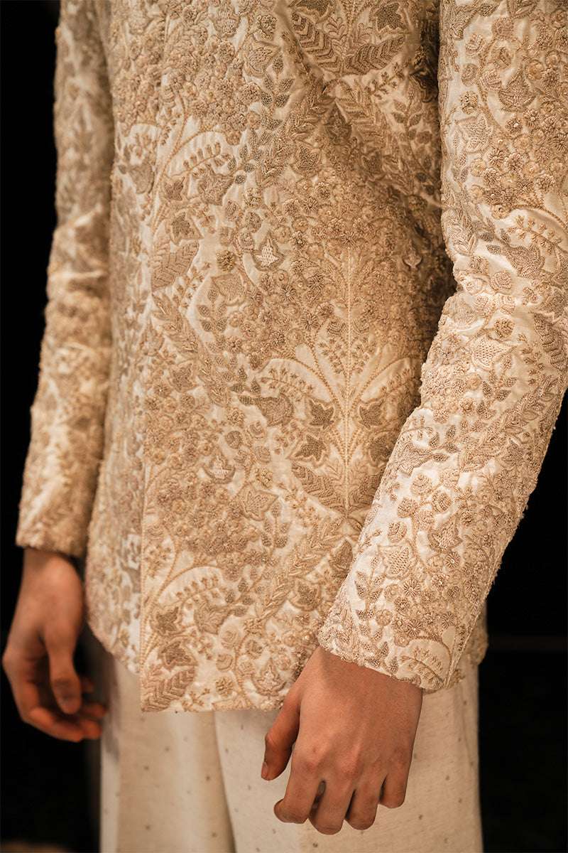 Beige Hand-Embroidered Silk-Blend Prince Coat (2-Piece) - Image 2