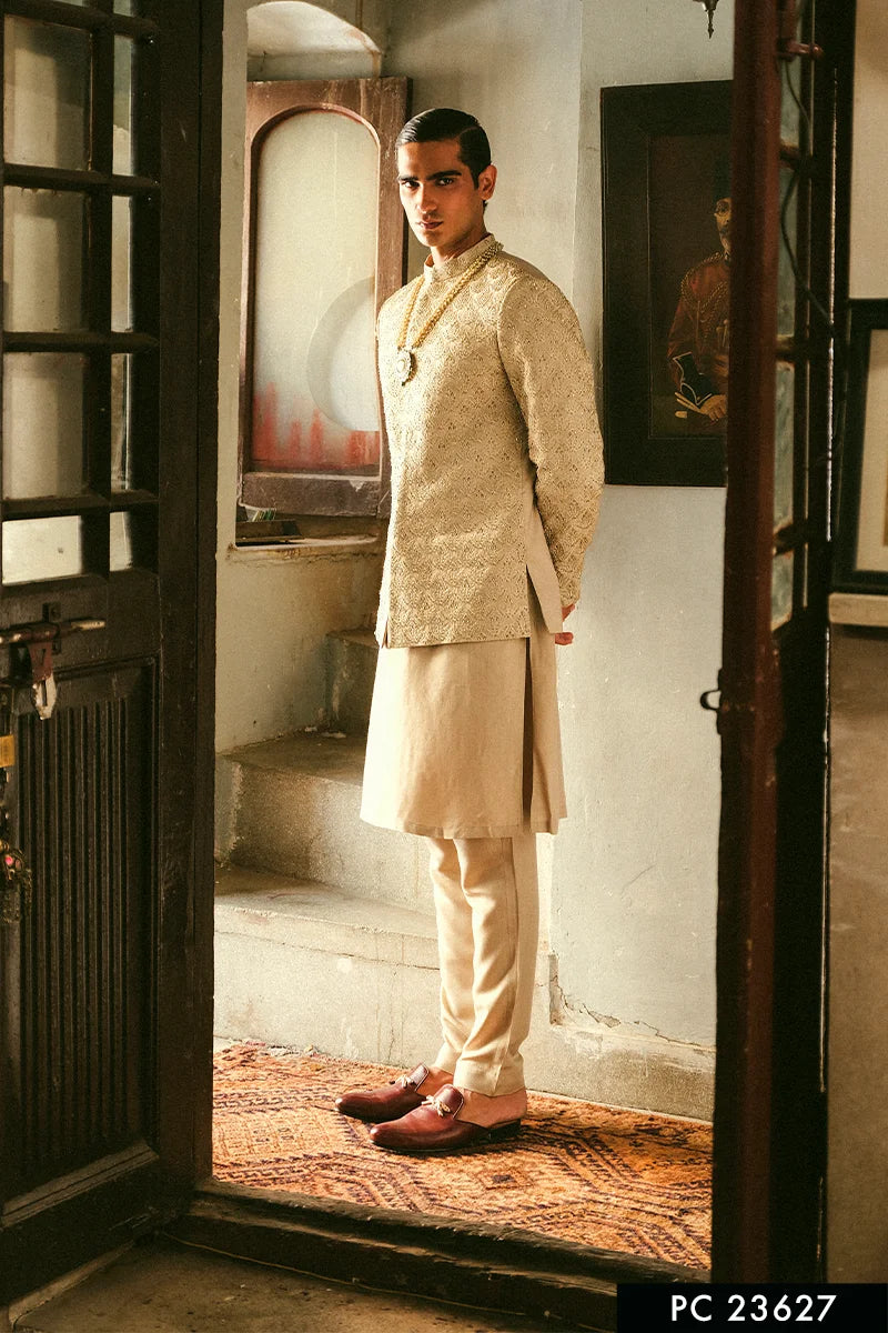 Taupe Tambour-Embroidered Silk-Blend Prince Coat (3-Piece) - Image 1