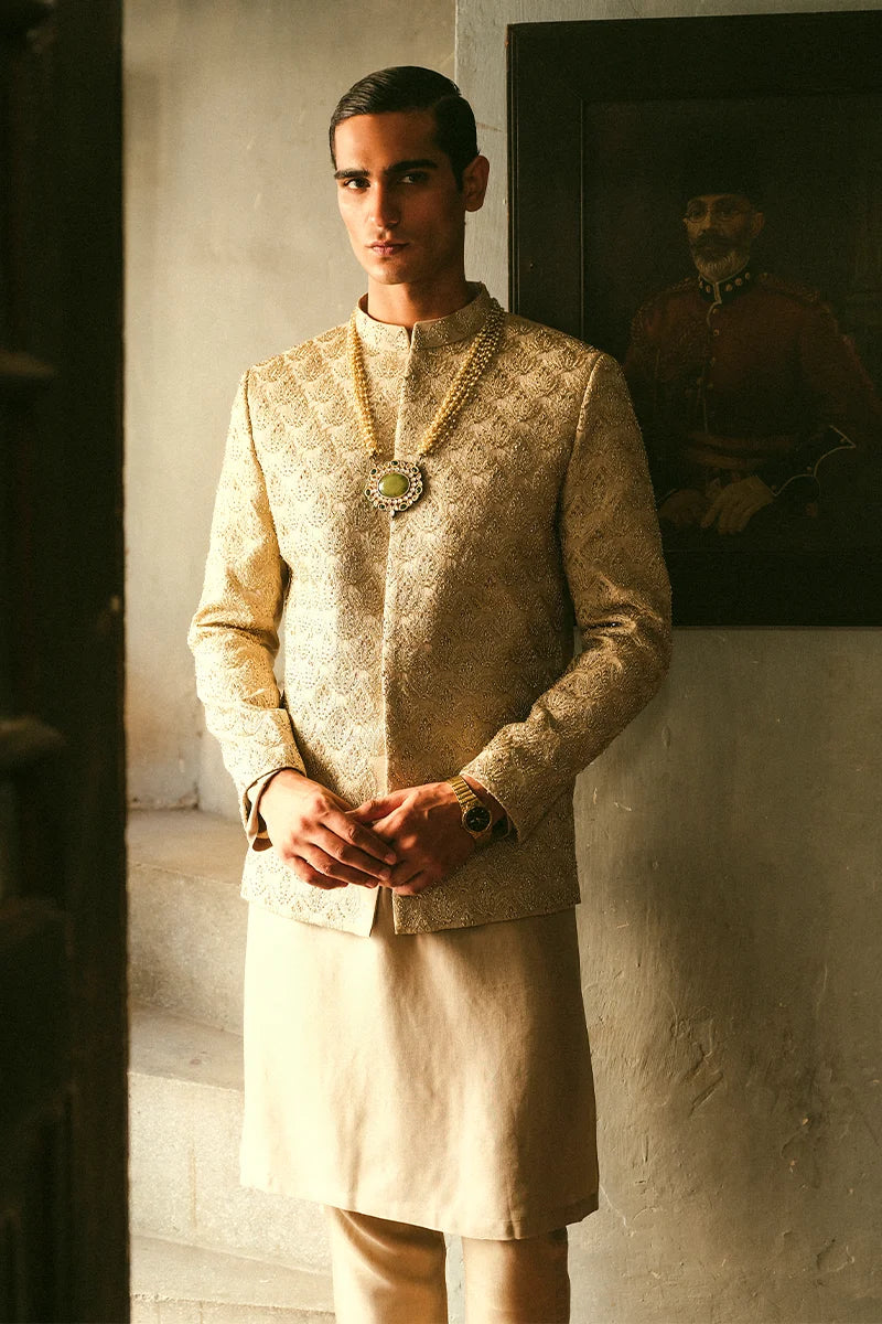 Taupe Tambour-Embroidered Silk-Blend Prince Coat (3-Piece) - Image 2