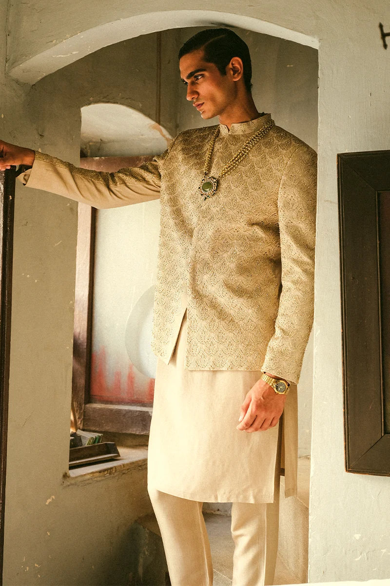 Taupe Tambour-Embroidered Silk-Blend Prince Coat (3-Piece) - Image 3