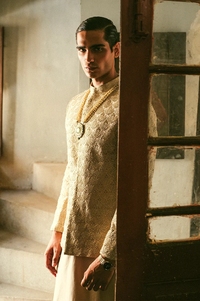 Taupe Tambour-Embroidered Silk-Blend Prince Coat (3-Piece) - Image 4