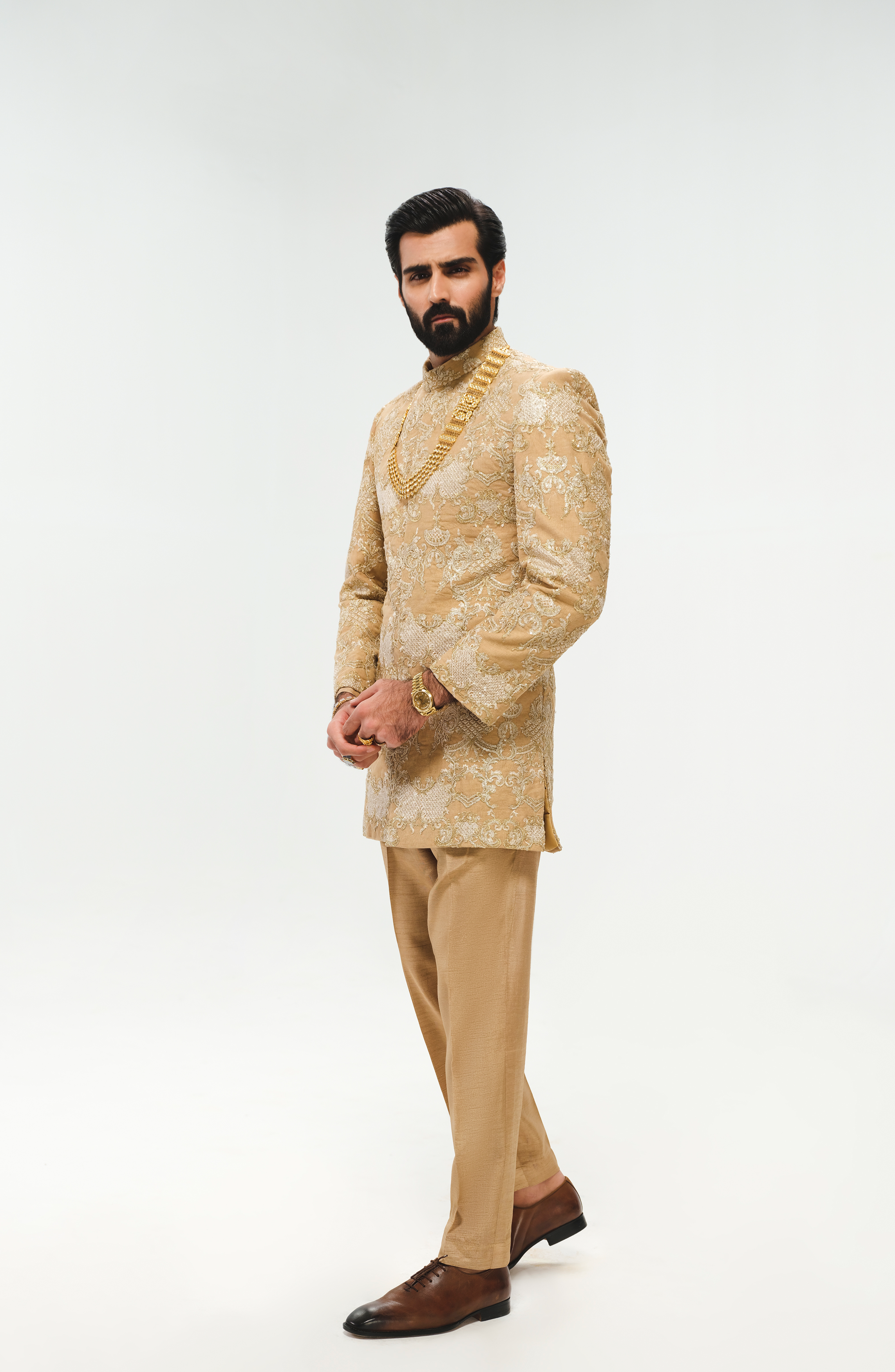 Light Beige Sequinned Silk Prince Coat (3-Piece) - Image 4