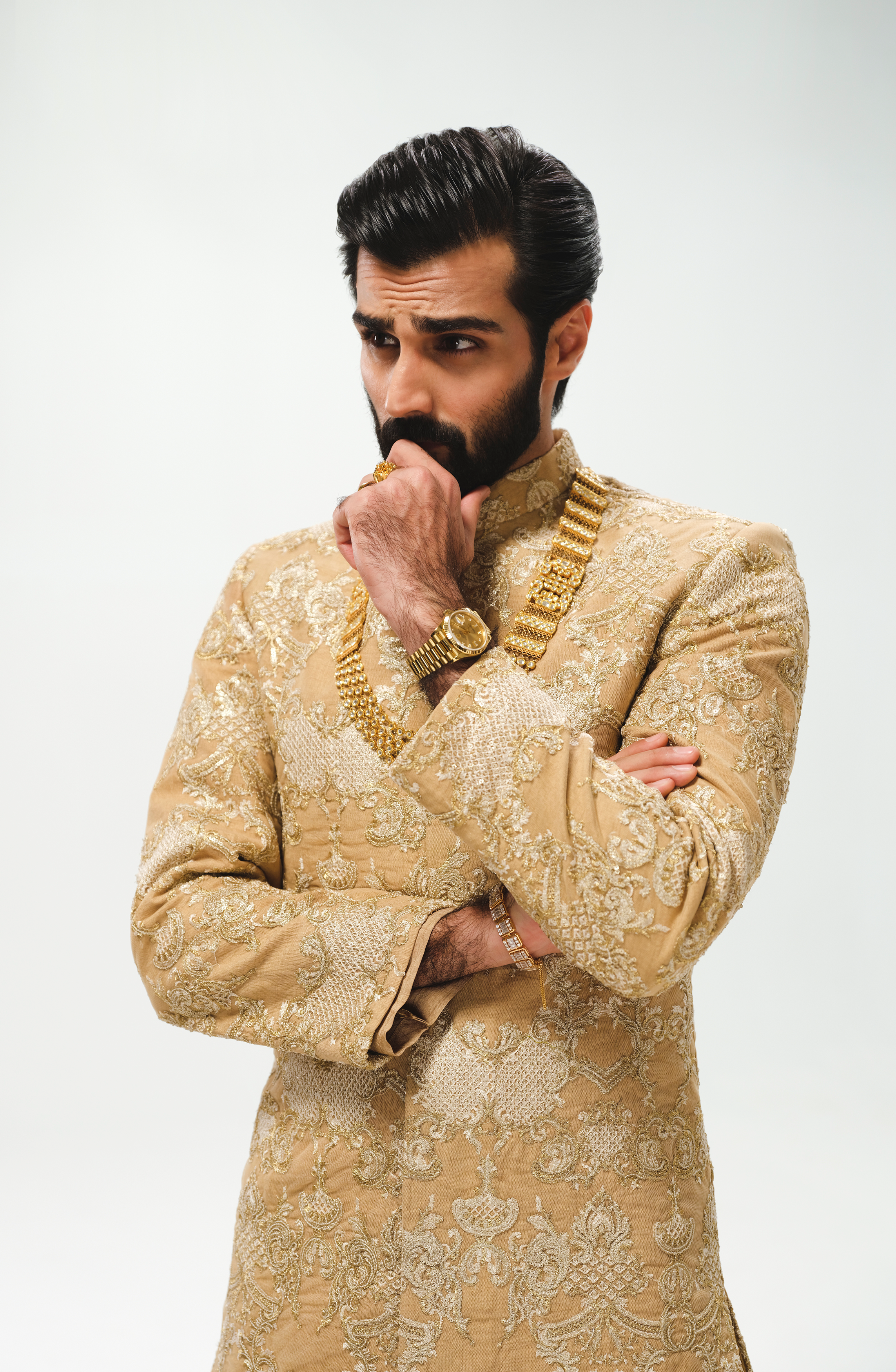 Light Beige Sequinned Silk Prince Coat (3-Piece) - Image 5