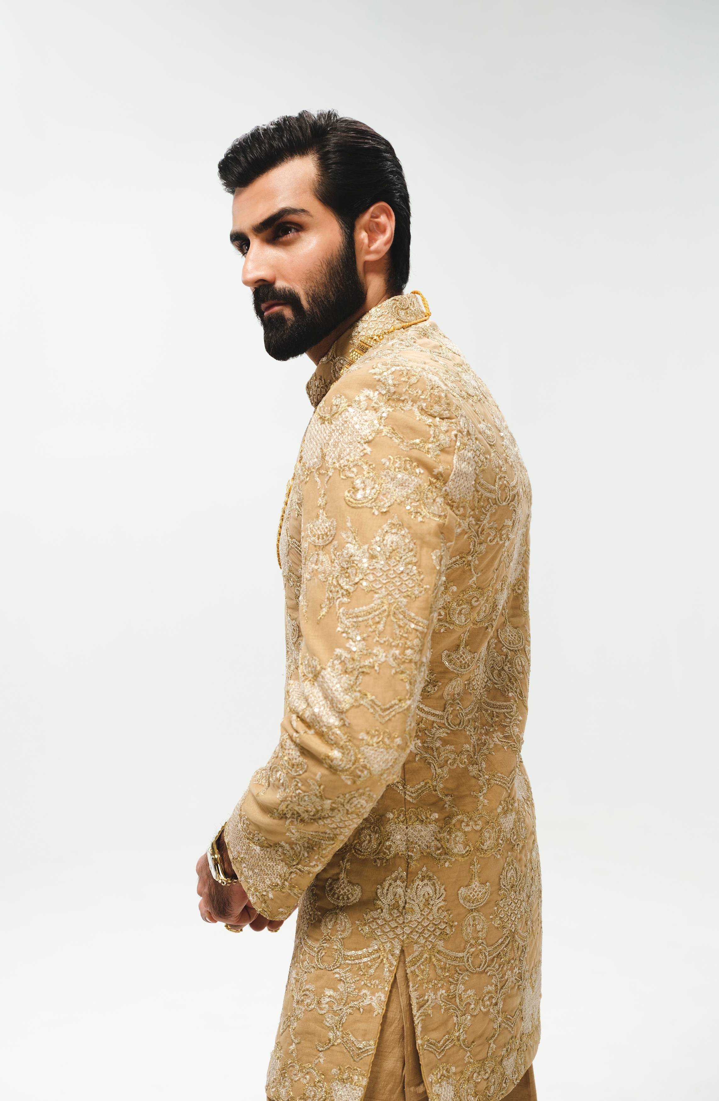 Light Beige Sequinned Silk Prince Coat (3-Piece) - Image 6