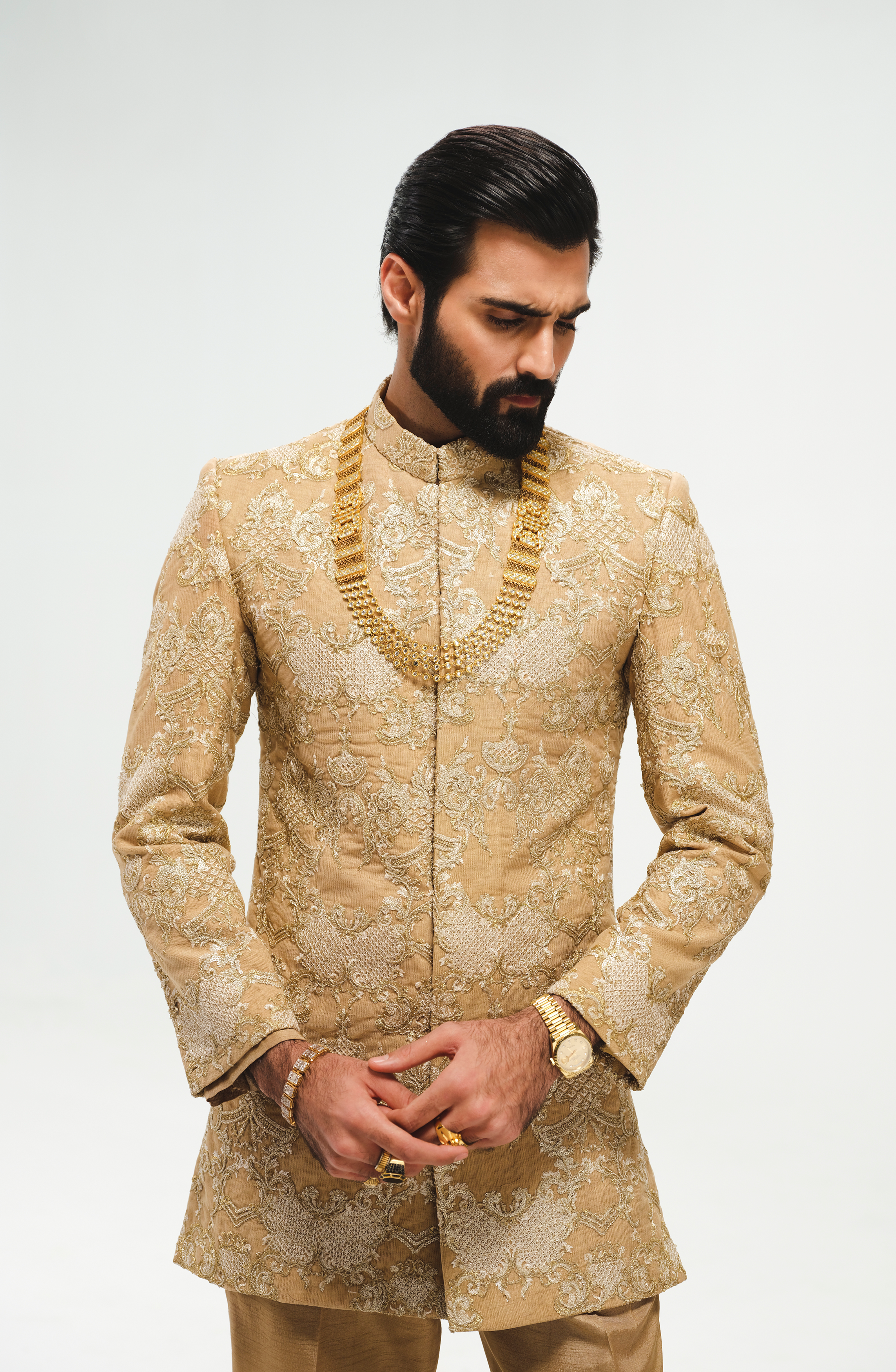 Light Beige Sequinned Silk Prince Coat (3-Piece) - Image 7