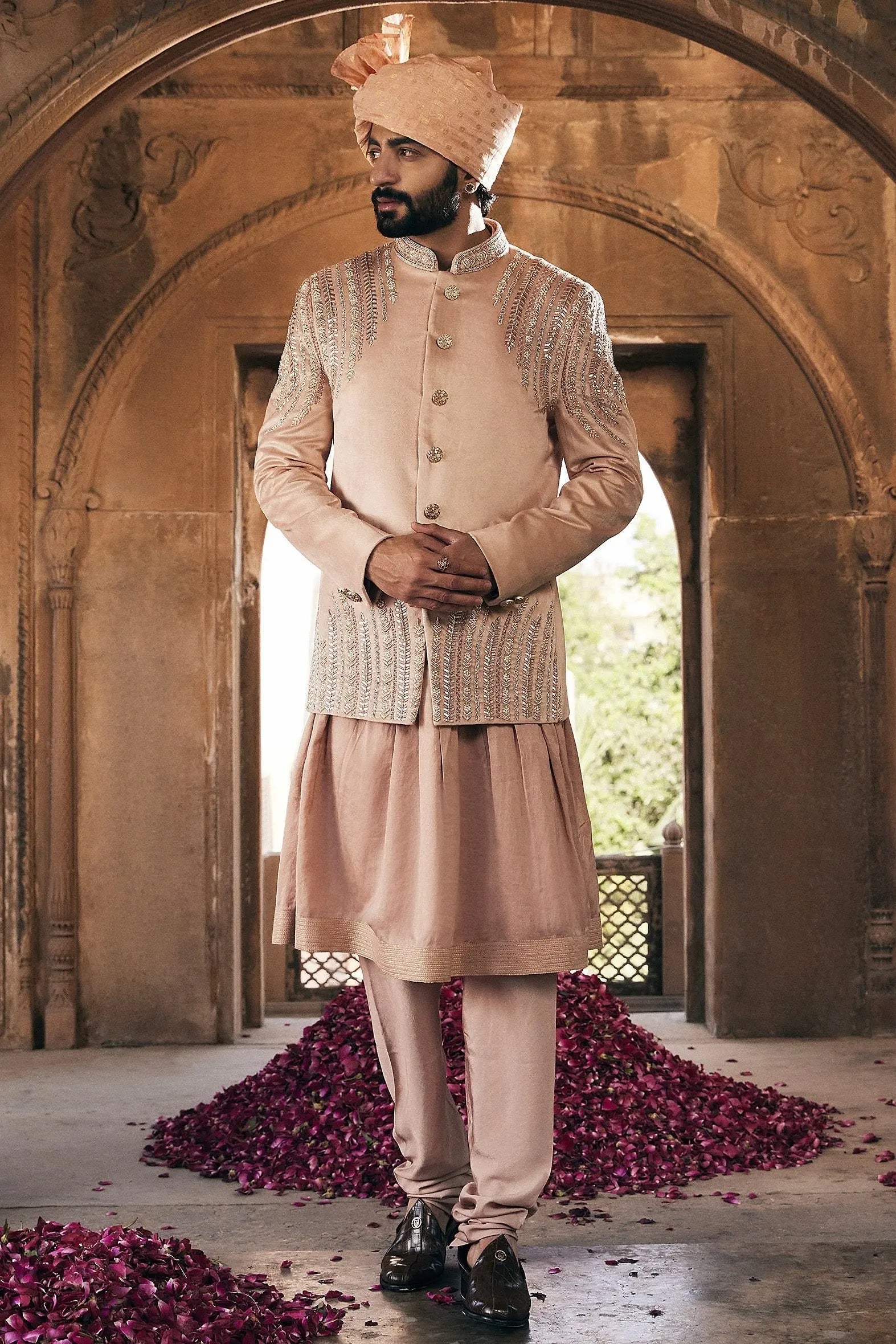 Beige Sequin Embroidered Suede Velvet Prince Coat (3-Piece) - Image 1