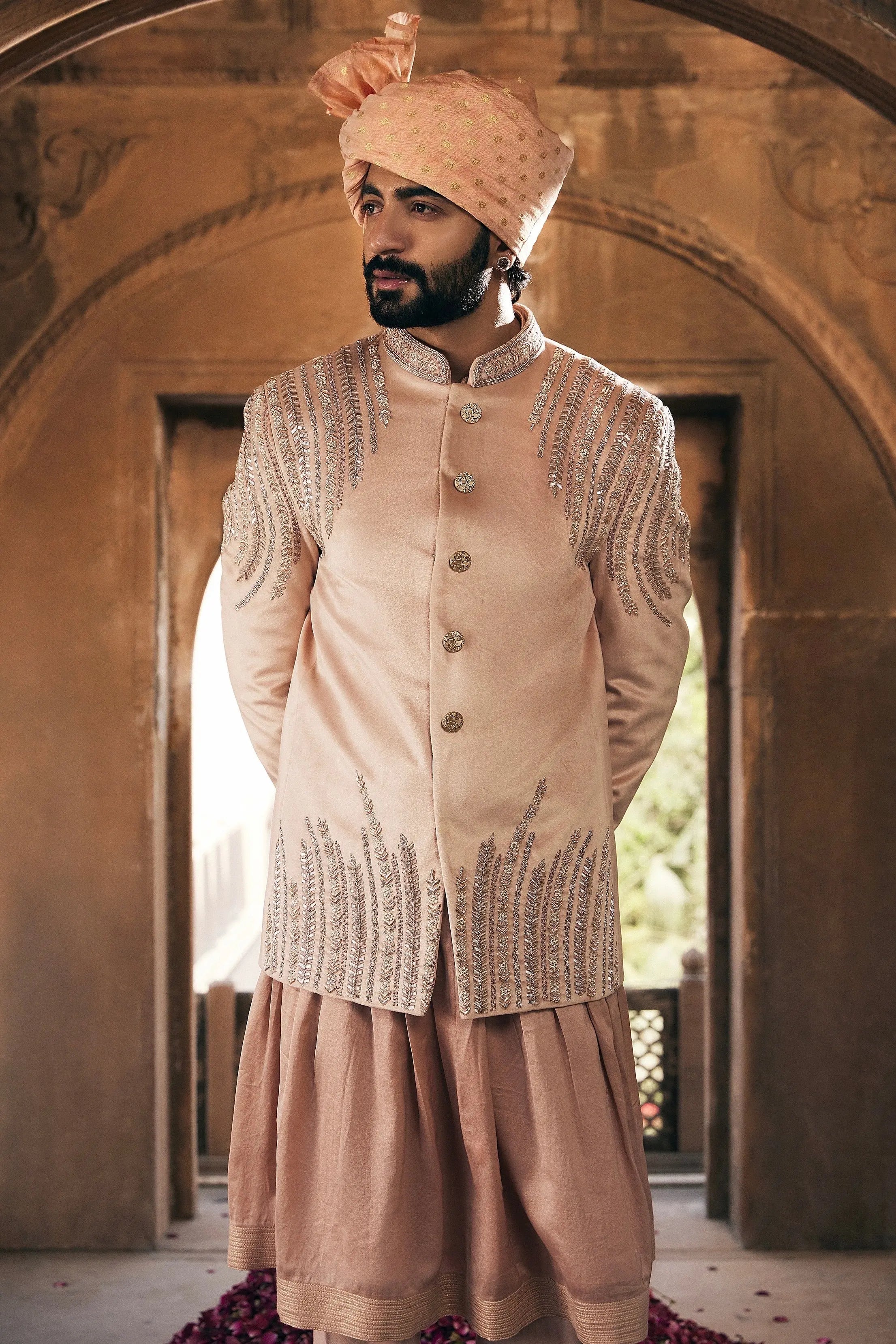 Beige Sequin Embroidered Suede Velvet Prince Coat (3-Piece) - Image 2