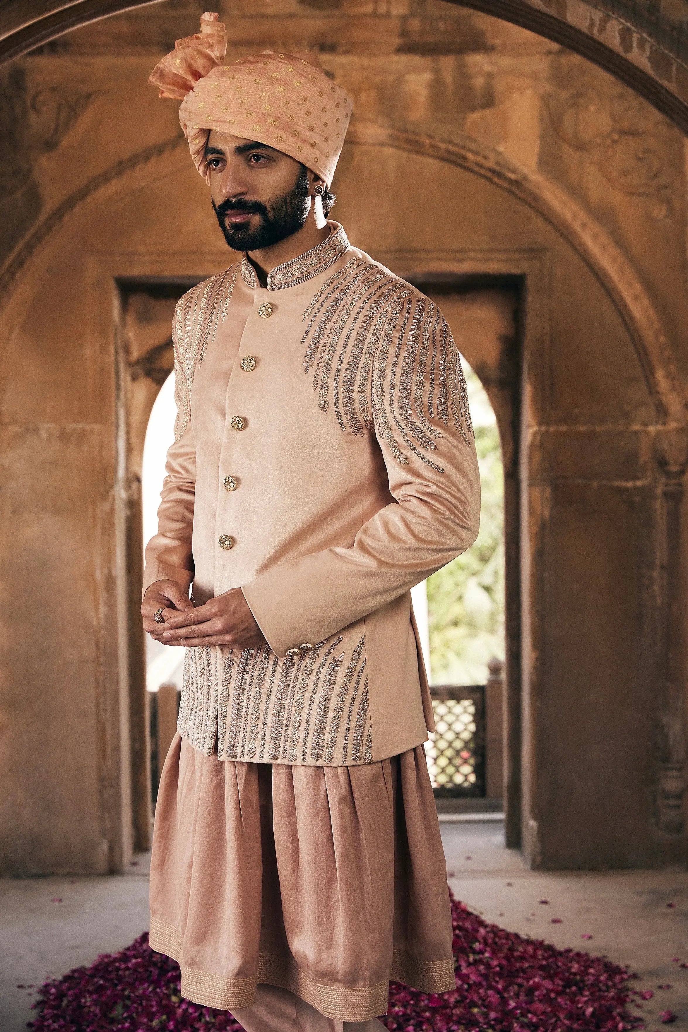 Beige Sequin Embroidered Suede Velvet Prince Coat (3-Piece) - Image 3