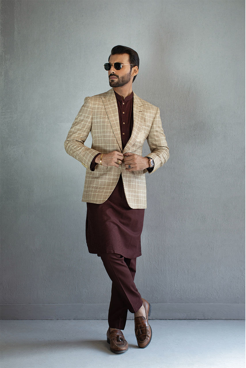 Light Brown & Beige Woollen Check Prince Coat (1-Pc) - Image 1