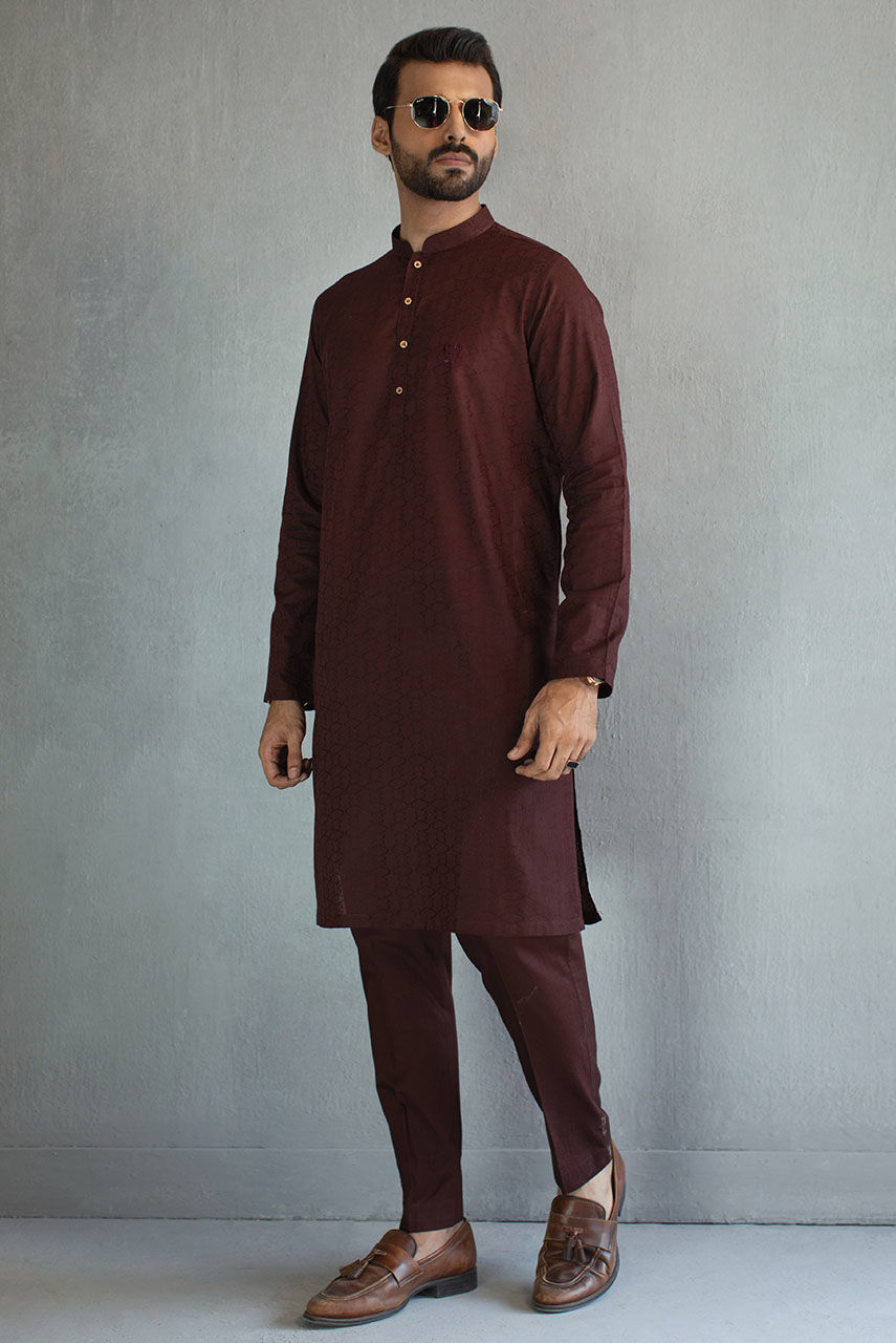 Light Brown & Beige Woollen Check Prince Coat (1-Pc) - Image 3