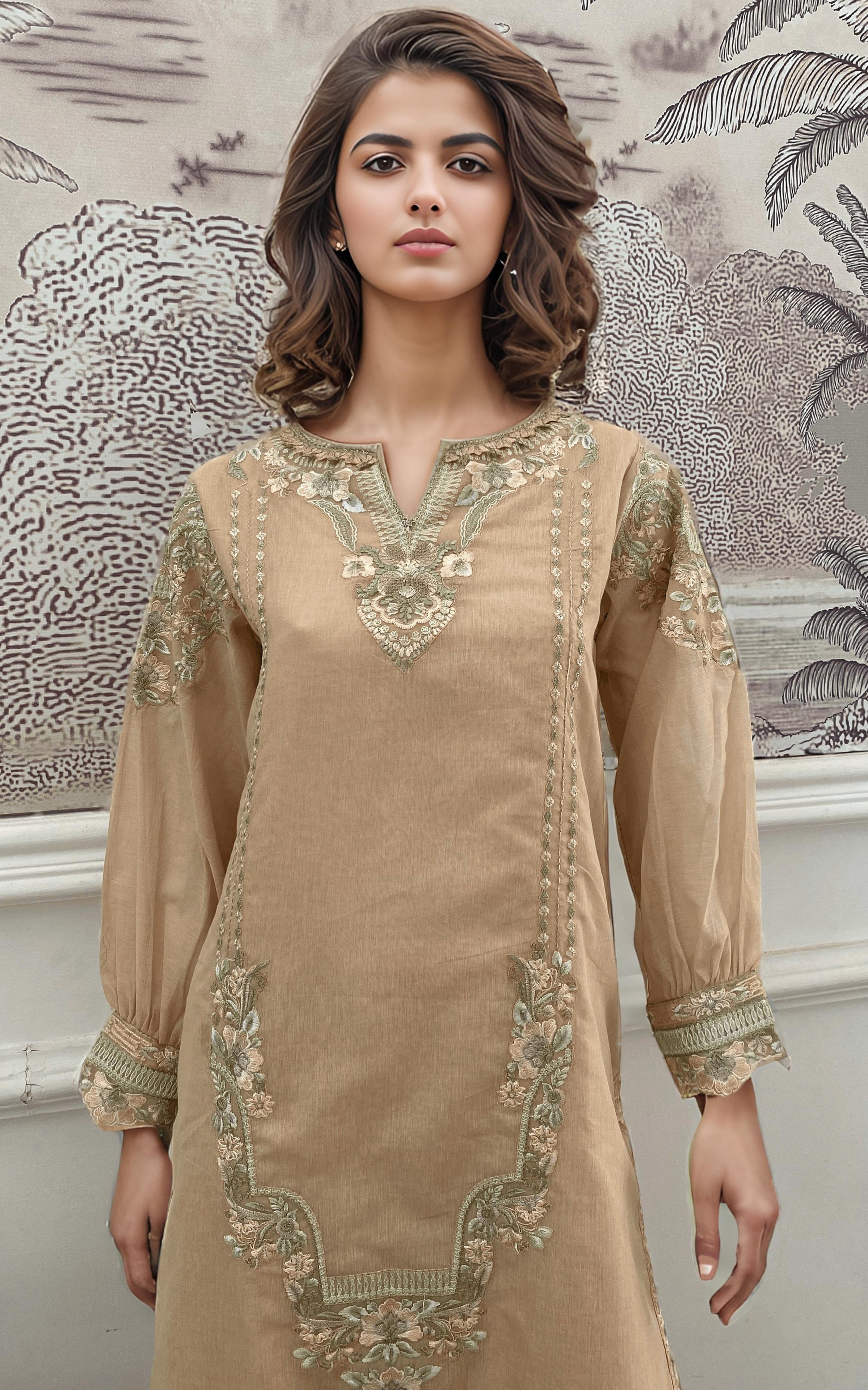 Beige Embroidered Chanderi 3-Piece Suit - Image 2