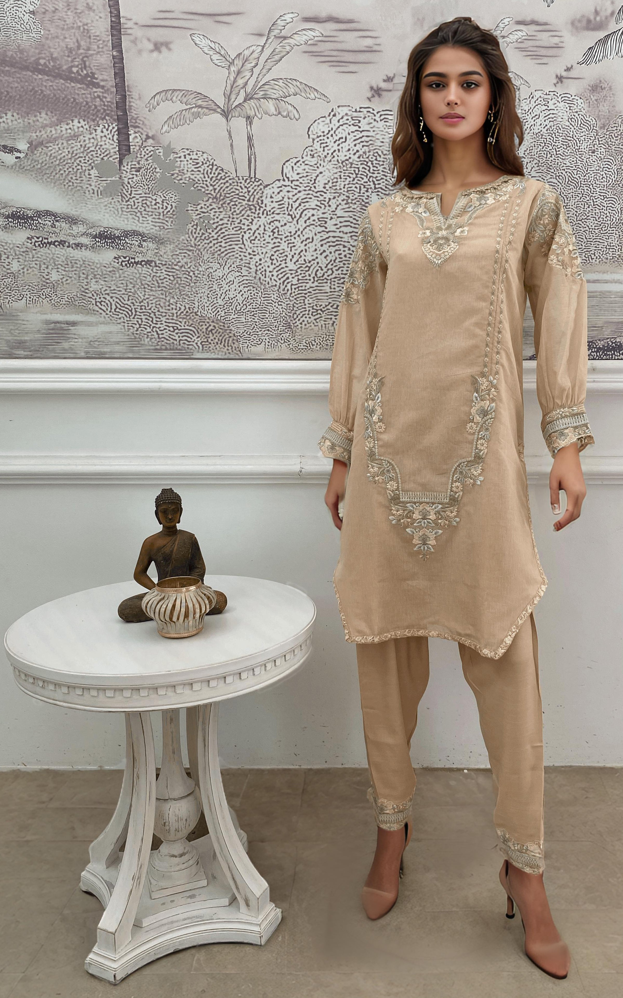 Beige Embroidered Chanderi 3-Piece Suit - Image 3