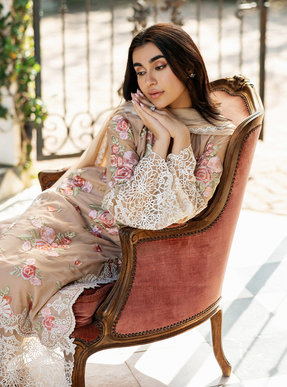 Soft Beige Floral Embroidered Chiffon Salwar Kameez (3-Piece) - Image 8