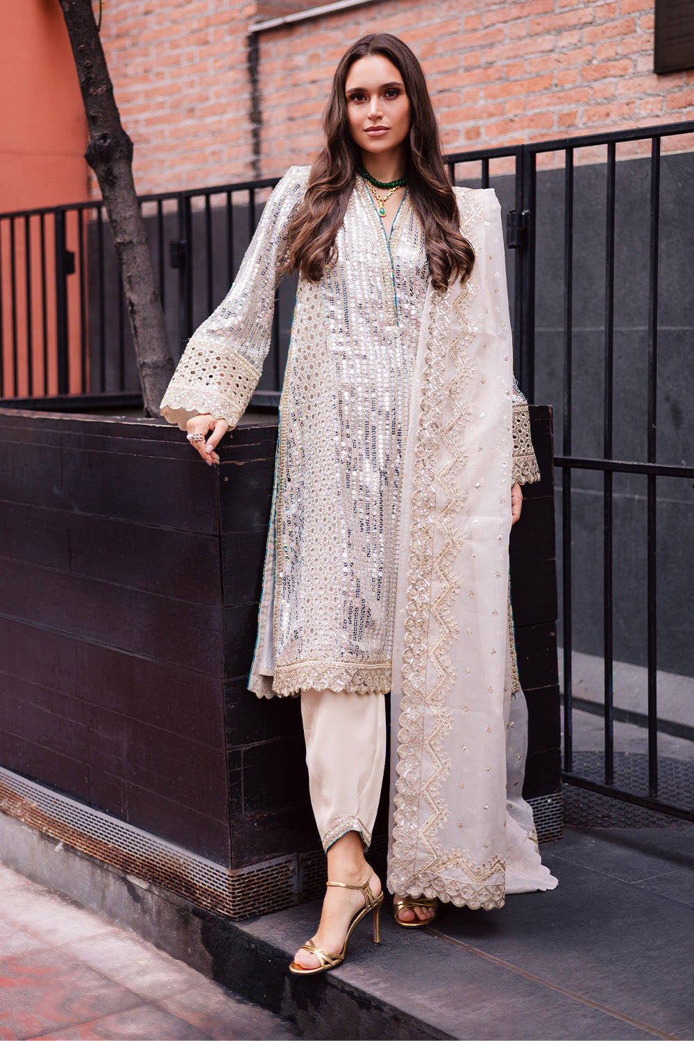 Pakistani Skin Embroidered Chiffon & Organza Salwar Kameez (3-Piece) - Image 1