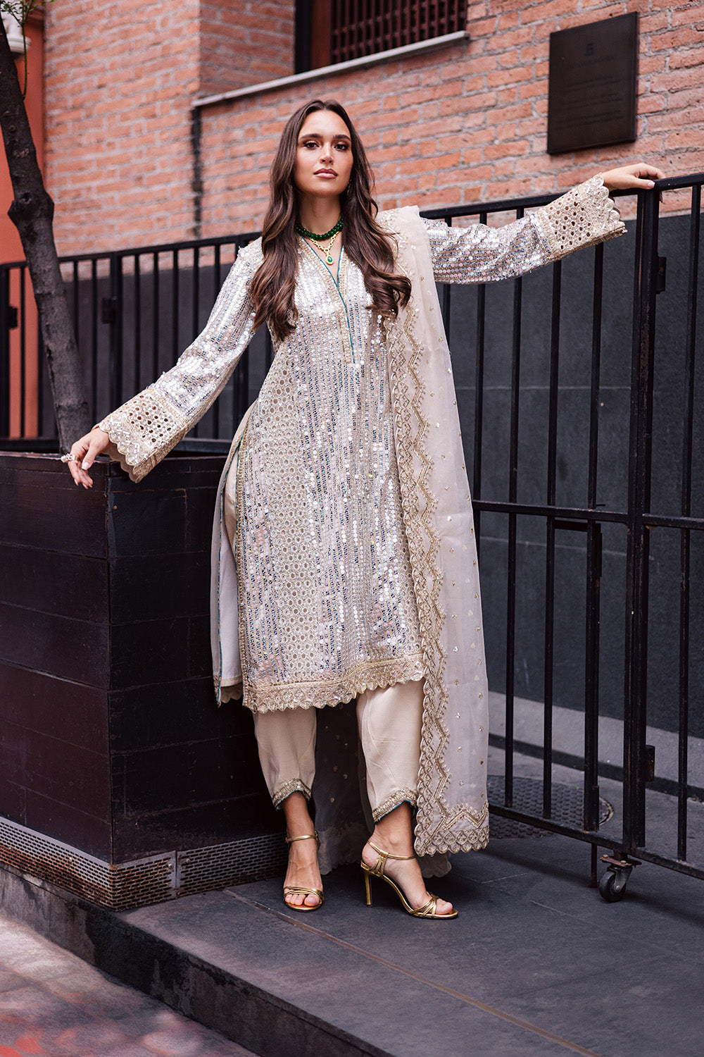 Pakistani Skin Embroidered Chiffon & Organza Salwar Kameez (3-Piece) - Image 4