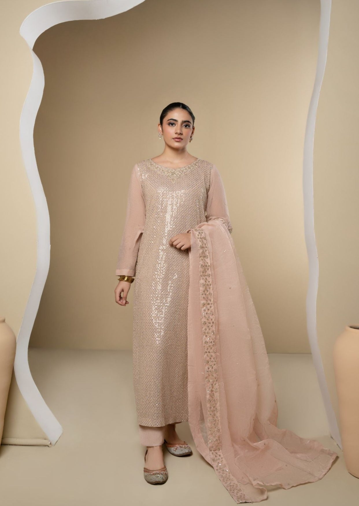 Pakistani Beige Embroidered Chiffon Kurta Set (3-Piece) - Image 1