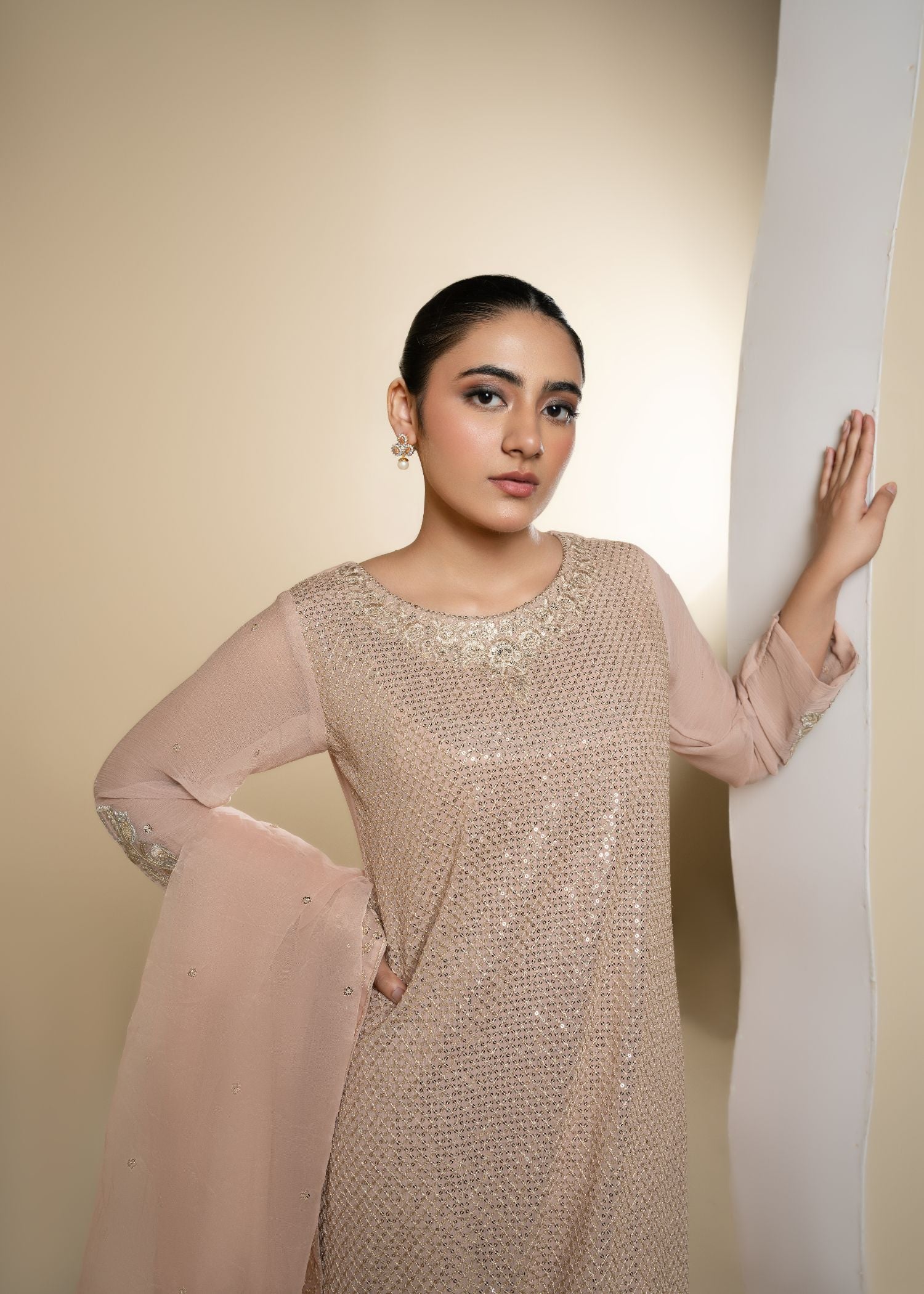 Pakistani Beige Embroidered Chiffon Kurta Set (3-Piece) - Image 2