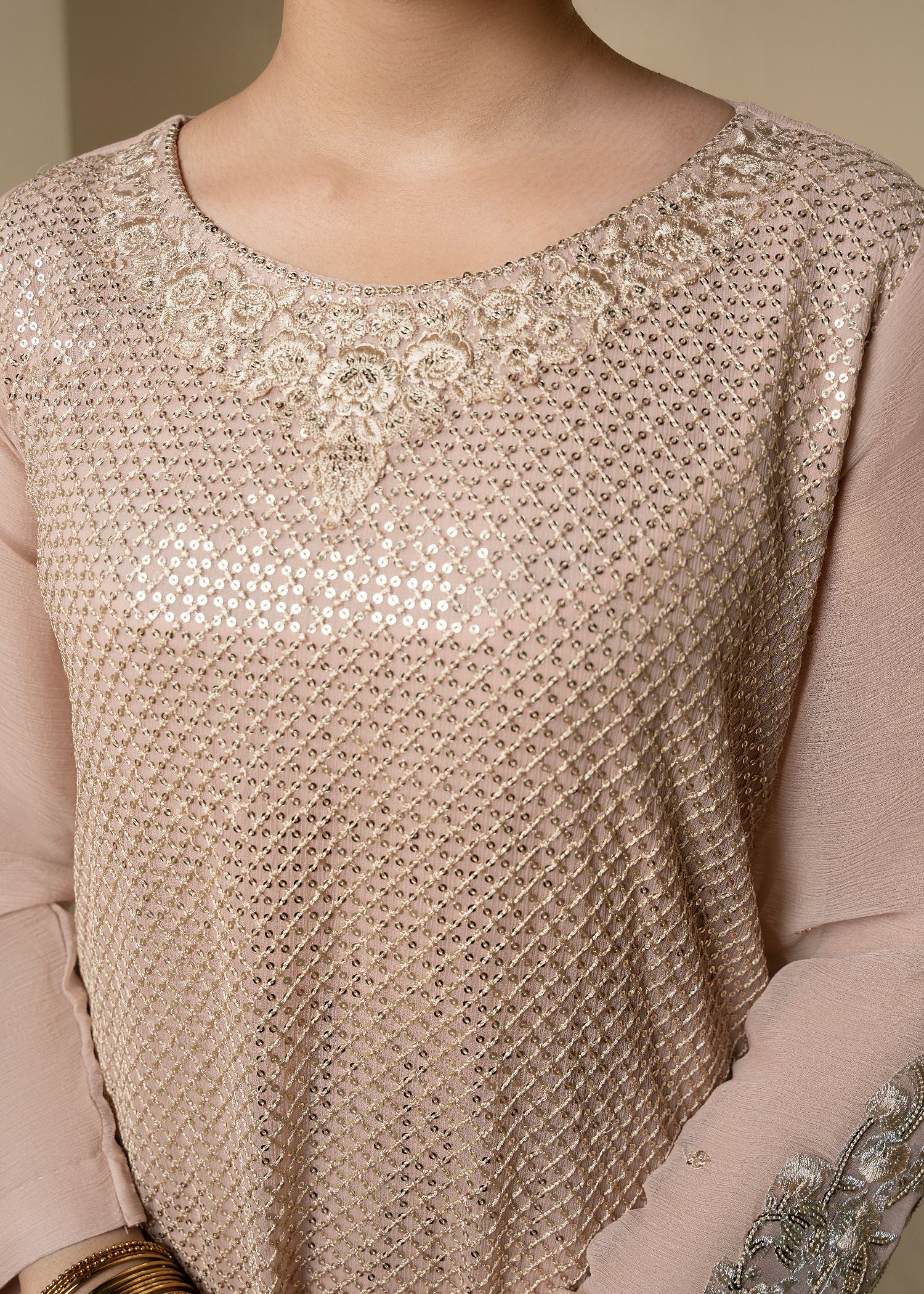 Pakistani Beige Embroidered Chiffon Kurta Set (3-Piece) - Image 3