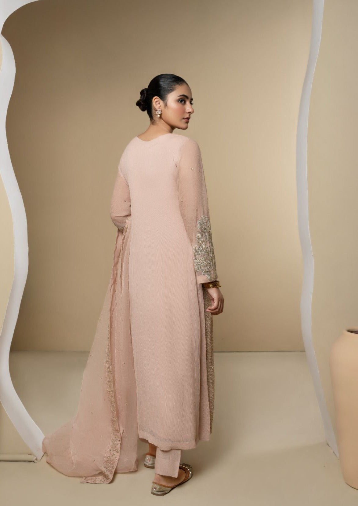 Pakistani Beige Embroidered Chiffon Kurta Set (3-Piece) - Image 5