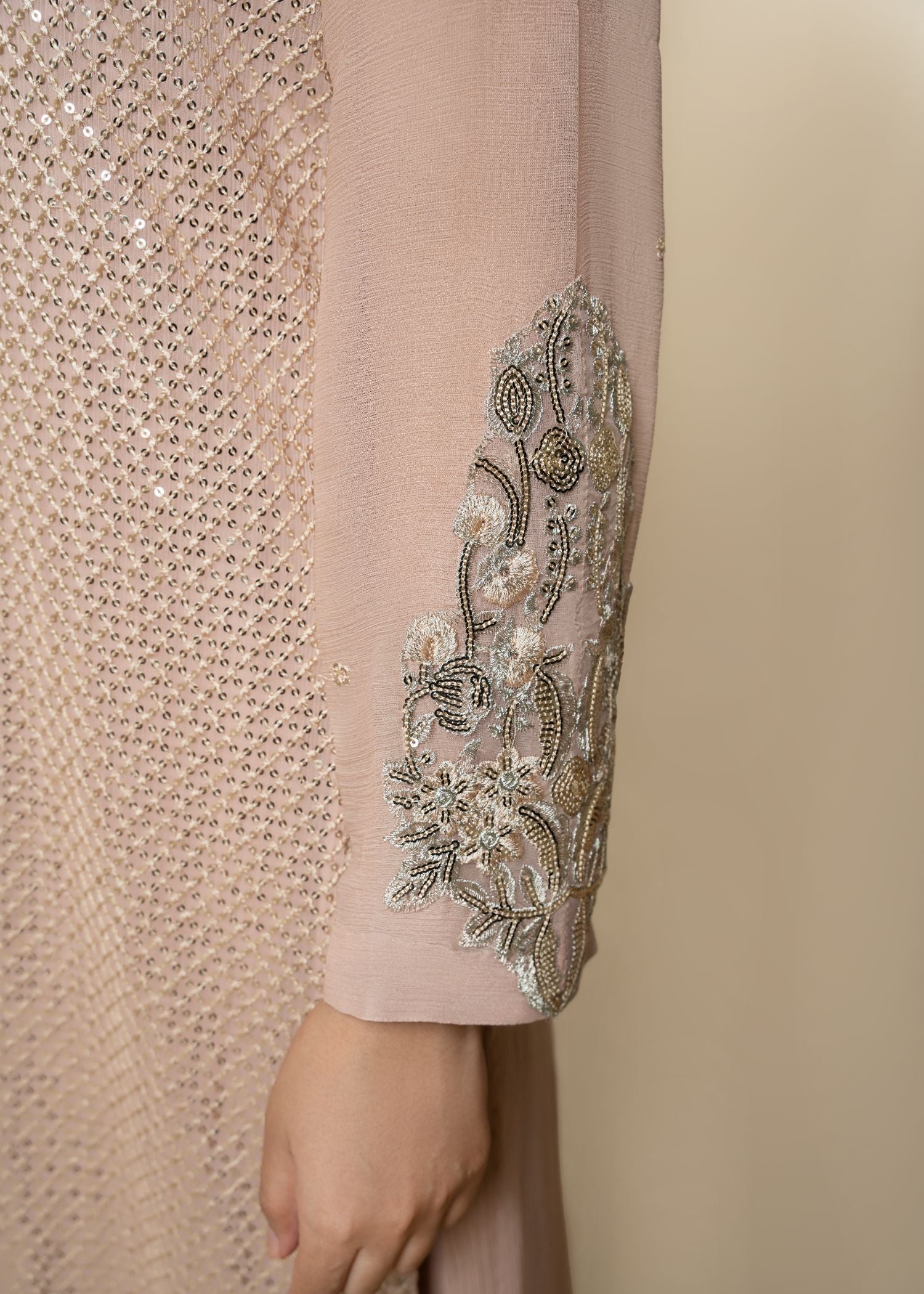 Pakistani Beige Embroidered Chiffon Kurta Set (3-Piece) - Image 6