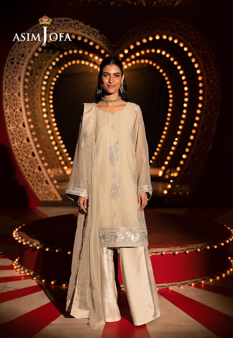 Pakistani Beige Embroidered Chiffon & Silk Salwar Kameez (3-Piece) - Image 1