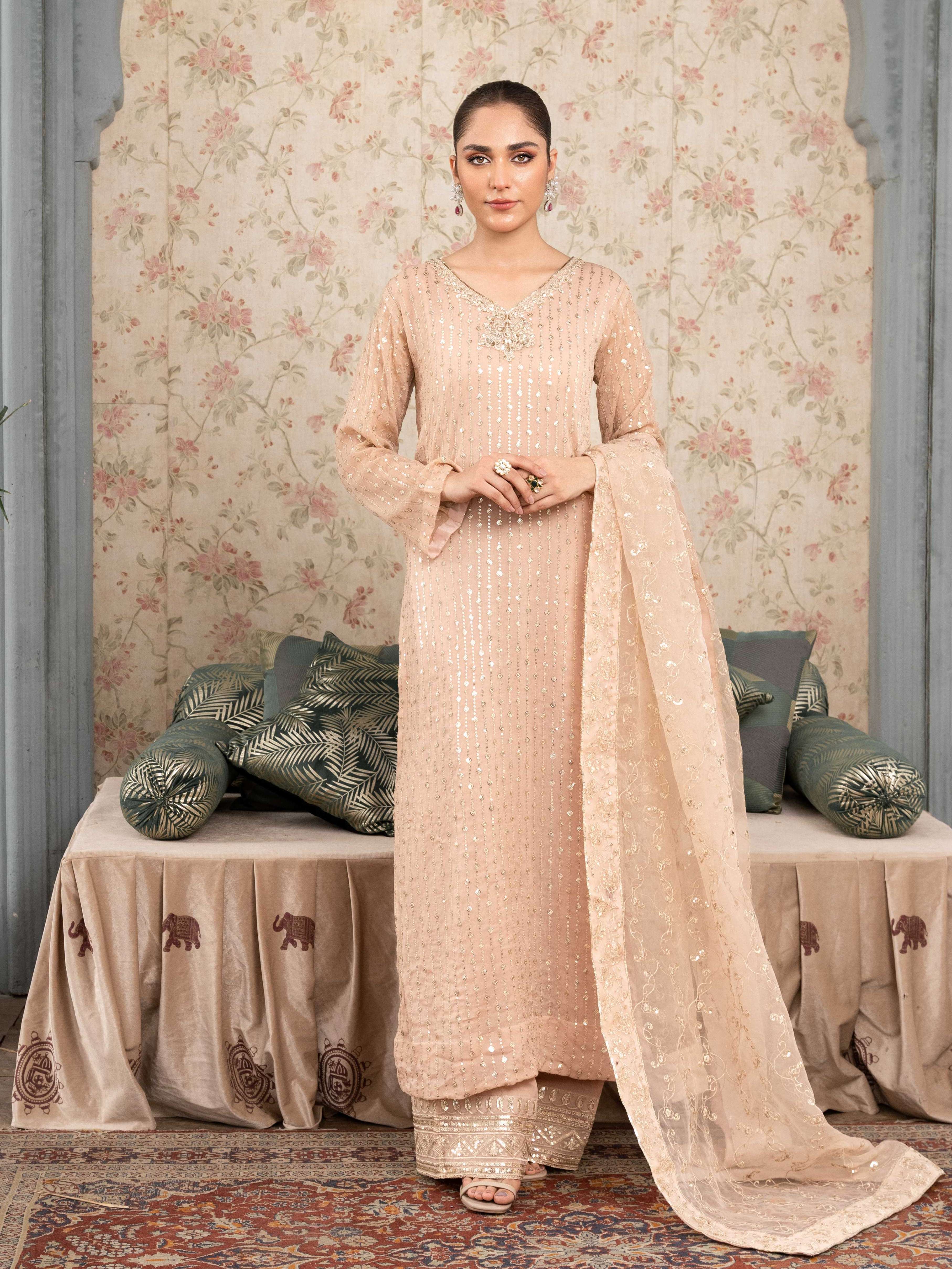 Pakistani Beige Embroidered Chiffon Kurta Set (3-Piece) - Image 1