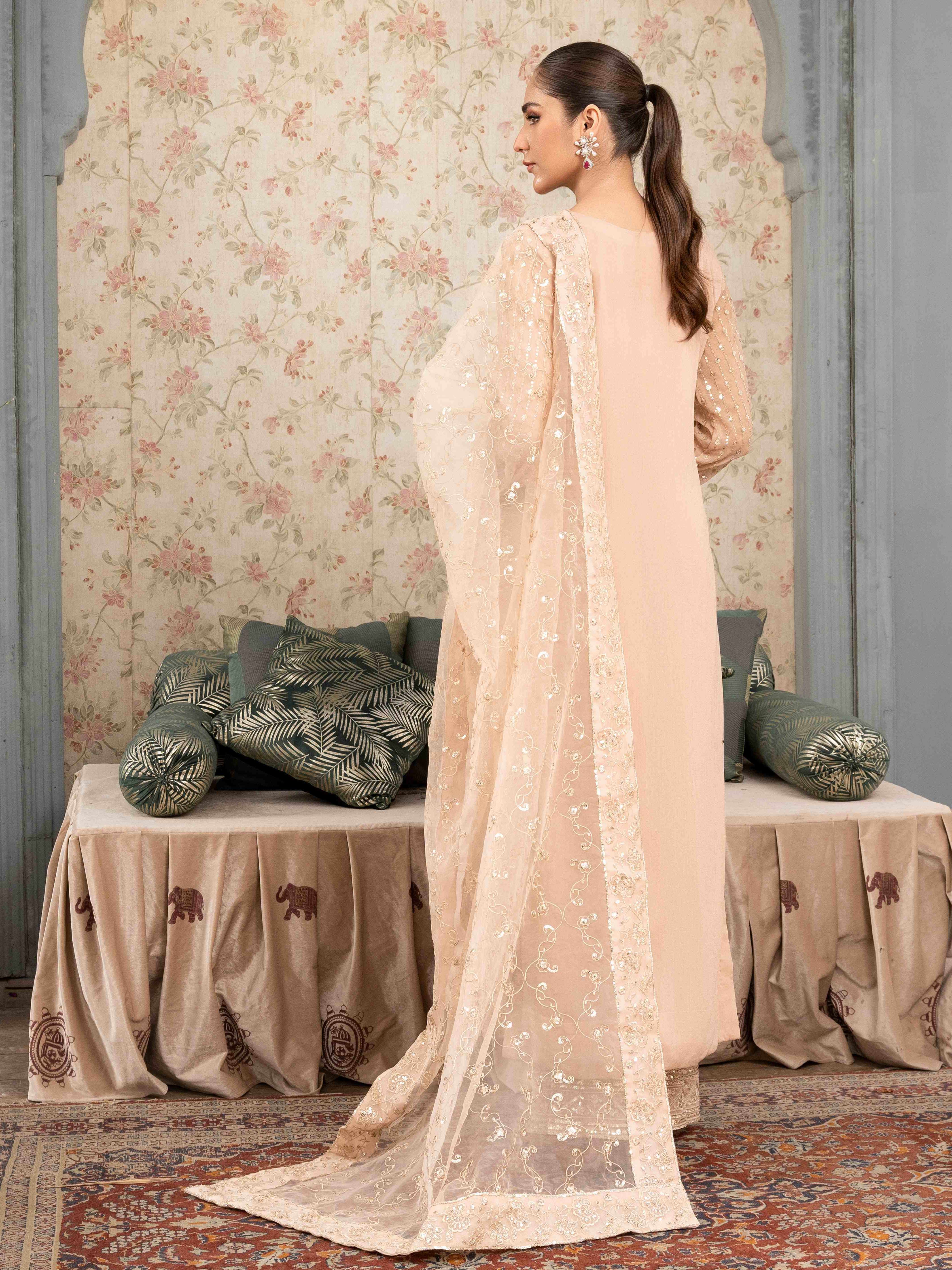 Pakistani Beige Embroidered Chiffon Kurta Set (3-Piece) - Image 3