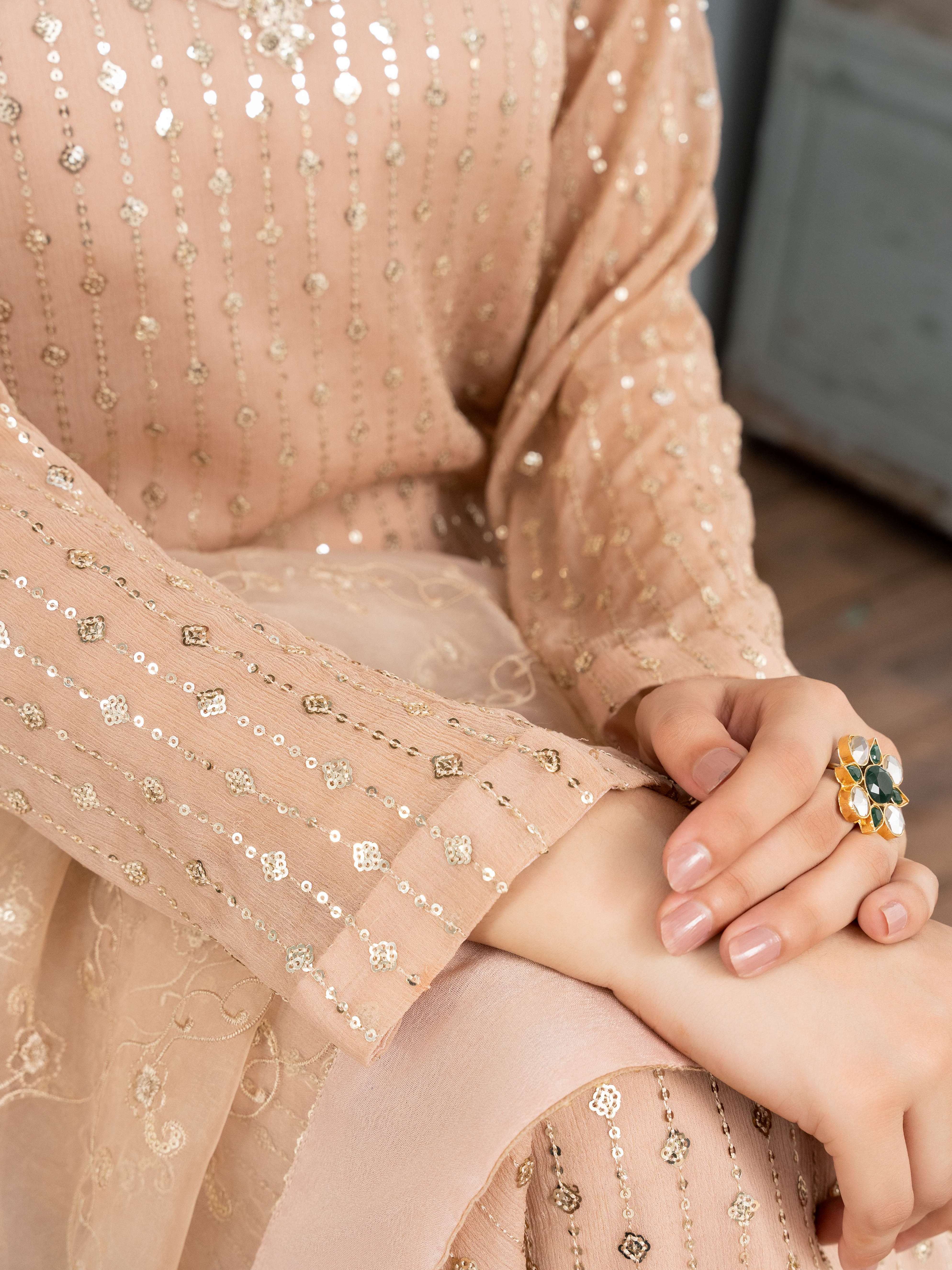 Pakistani Beige Embroidered Chiffon Kurta Set (3-Piece) - Image 4