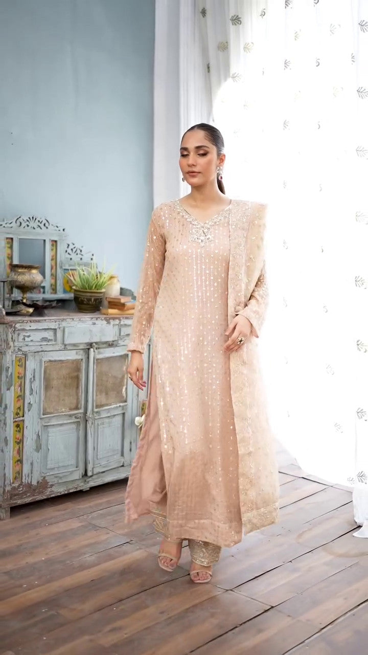 Pakistani Beige Embroidered Chiffon Kurta Set (3-Piece) - Image 6