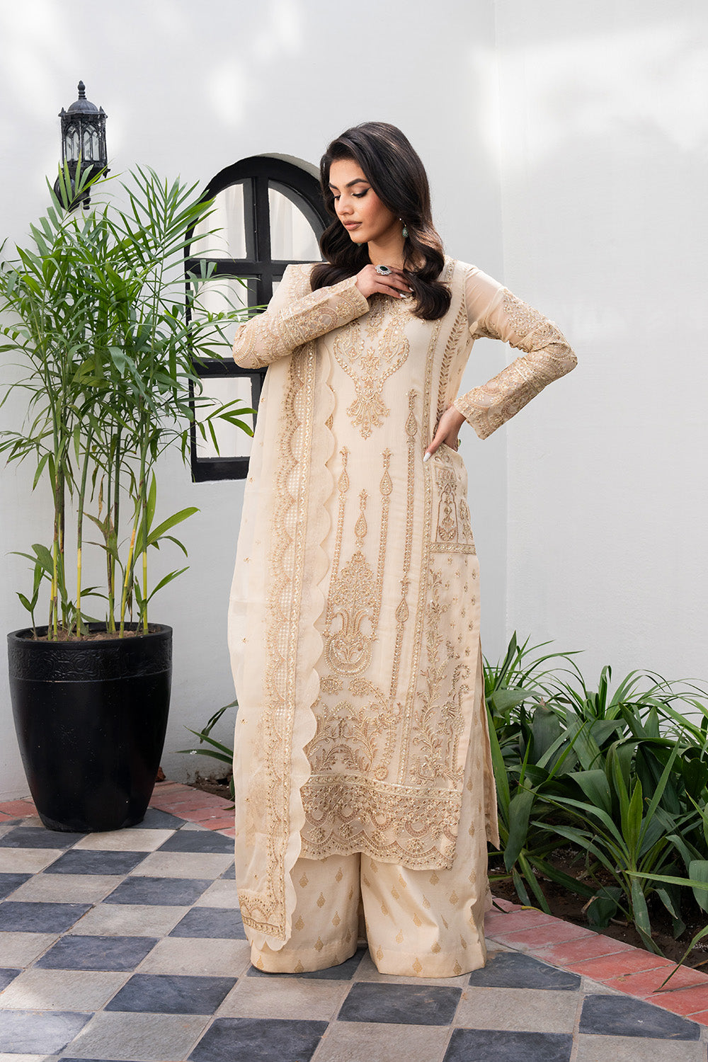 Warm Sand Embroidered Chiffon & Organza Suit (3-Piece) - Image 1