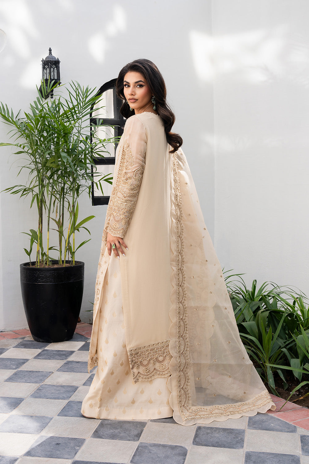 Warm Sand Embroidered Chiffon & Organza Suit (3-Piece) - Image 3