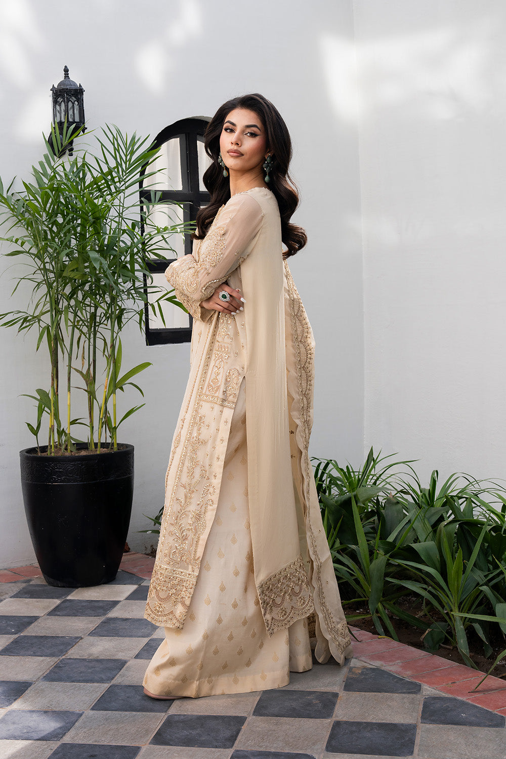 Warm Sand Embroidered Chiffon & Organza Suit (3-Piece) - Image 4