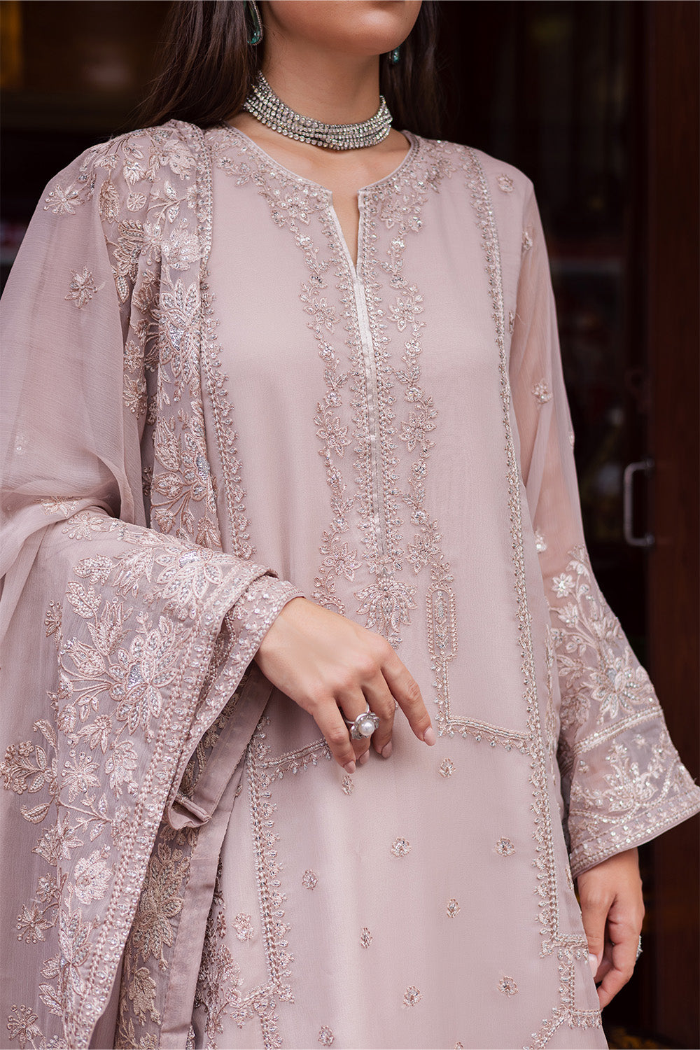 Pakistani Toasted Almond Embroidered Chiffon & Net Salwar Kameez (3-Piece) - Image 2