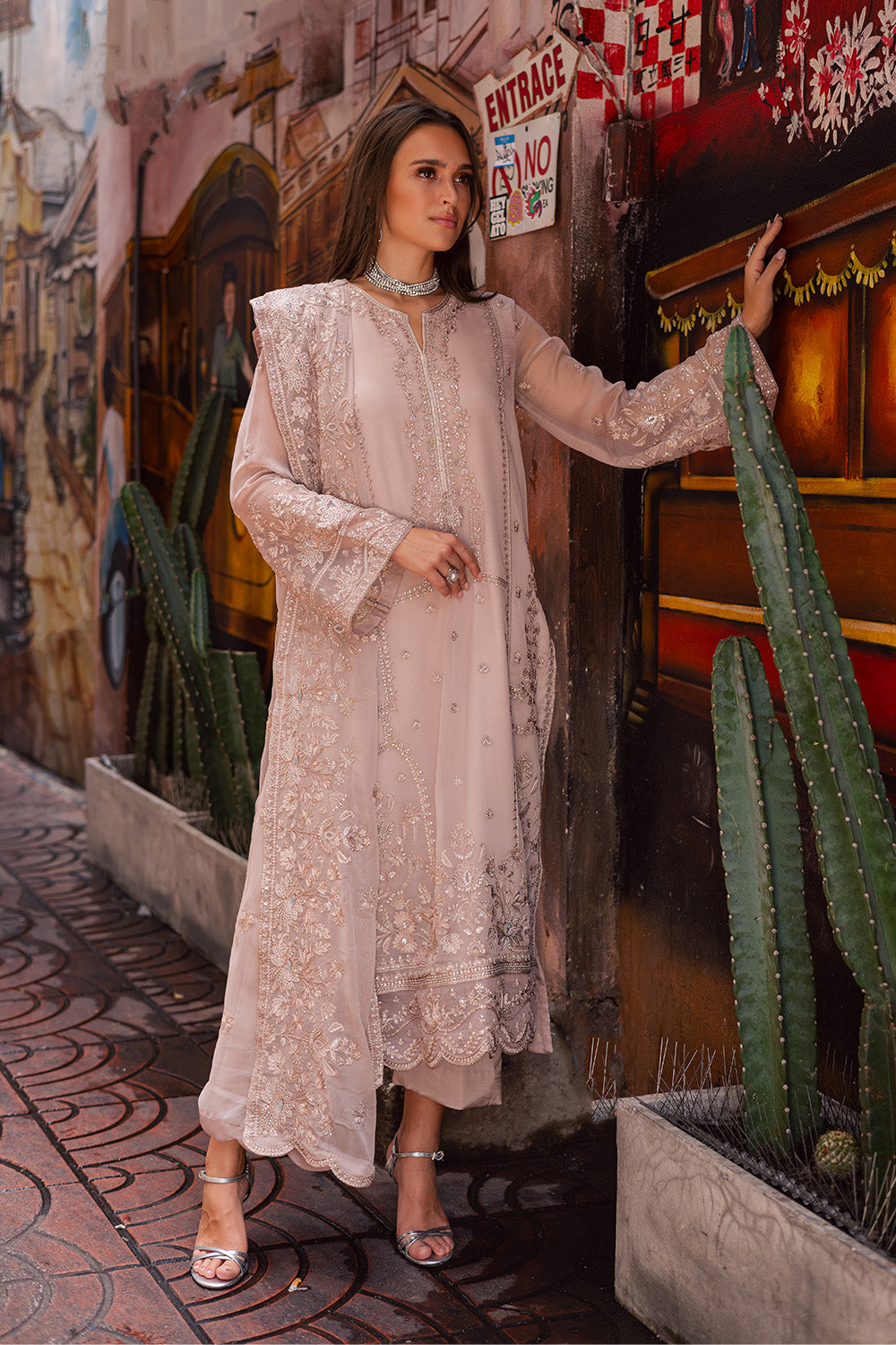 Pakistani Toasted Almond Embroidered Chiffon & Net Salwar Kameez (3-Piece) - Image 4