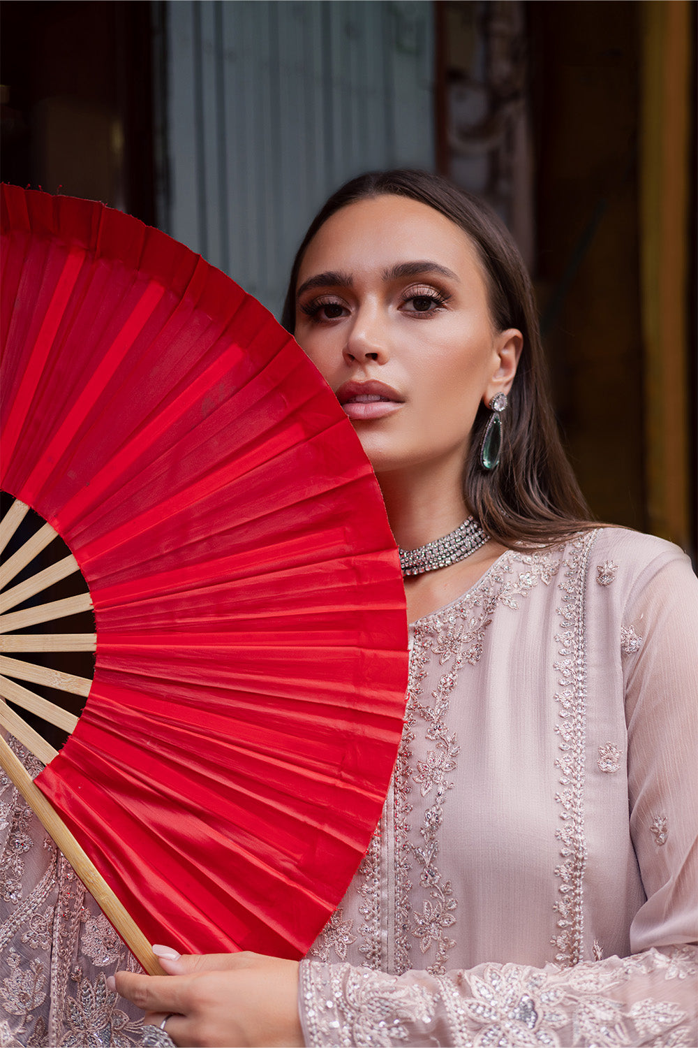 Pakistani Toasted Almond Embroidered Chiffon & Net Salwar Kameez (3-Piece) - Image 5