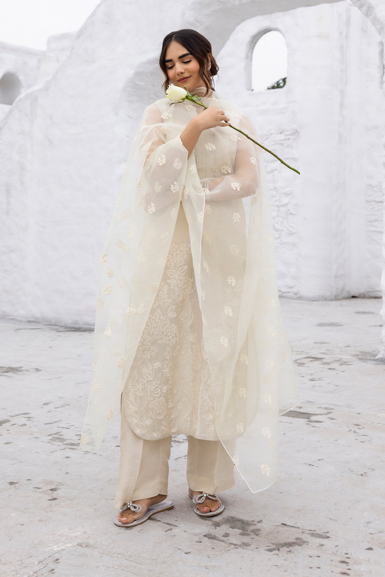 Nude Beige Embroidered Cotton Karandi Suit (3-Piece) - Image 1