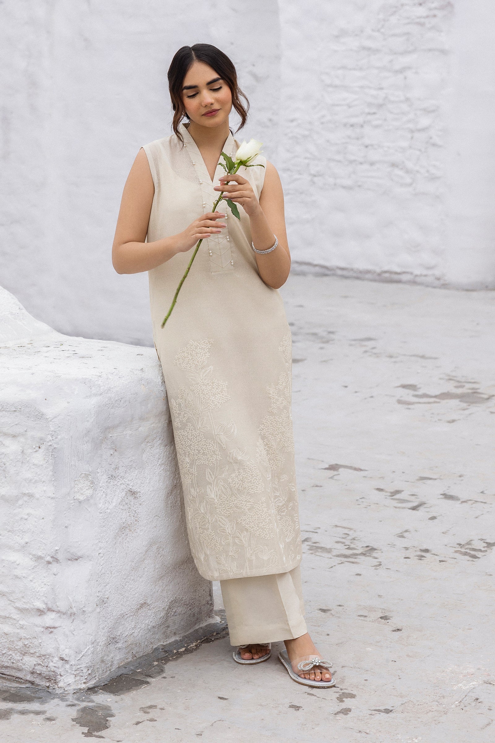 Nude Beige Embroidered Cotton Karandi Suit (3-Piece) - Image 10