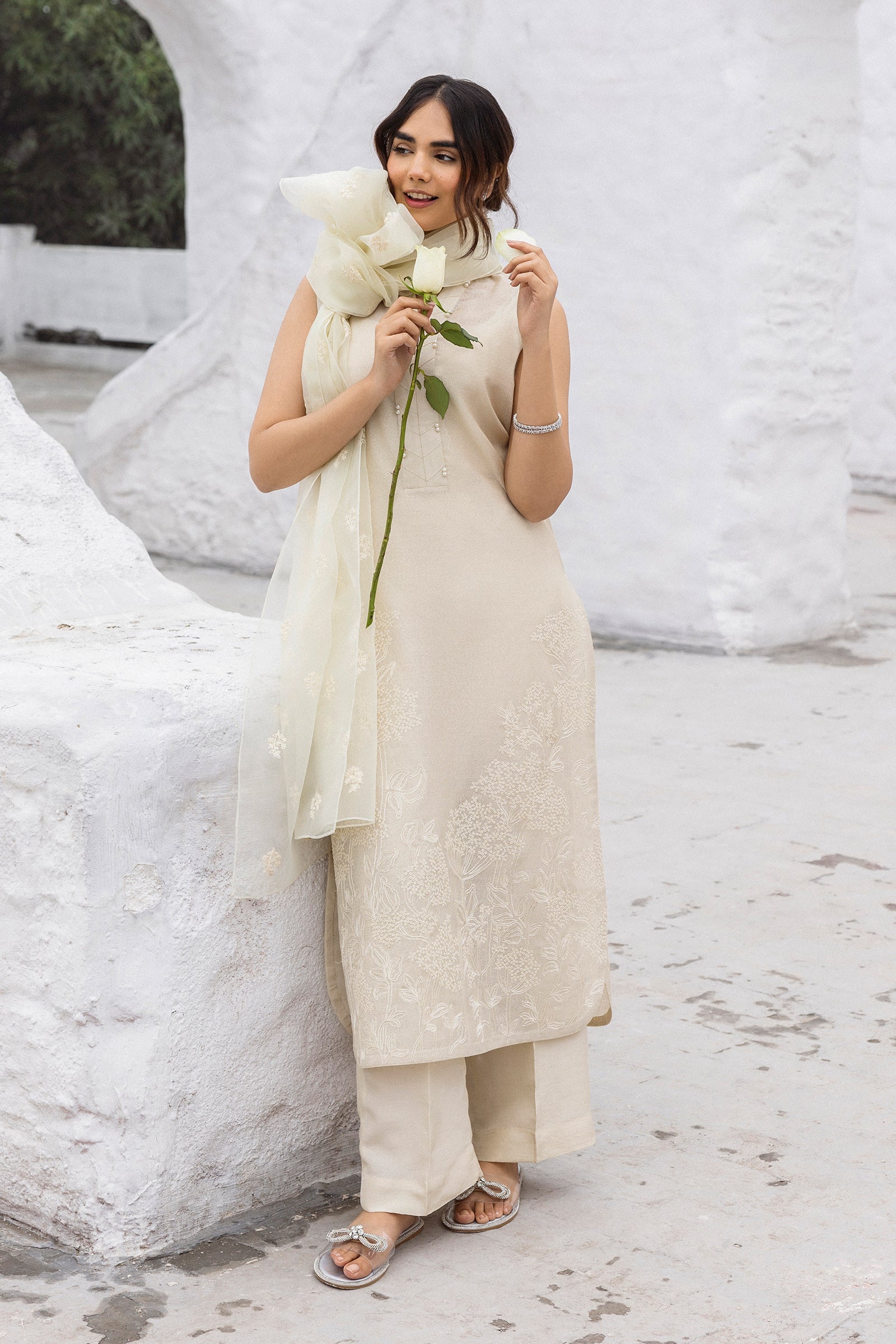 Nude Beige Embroidered Cotton Karandi Suit (3-Piece) - Image 11