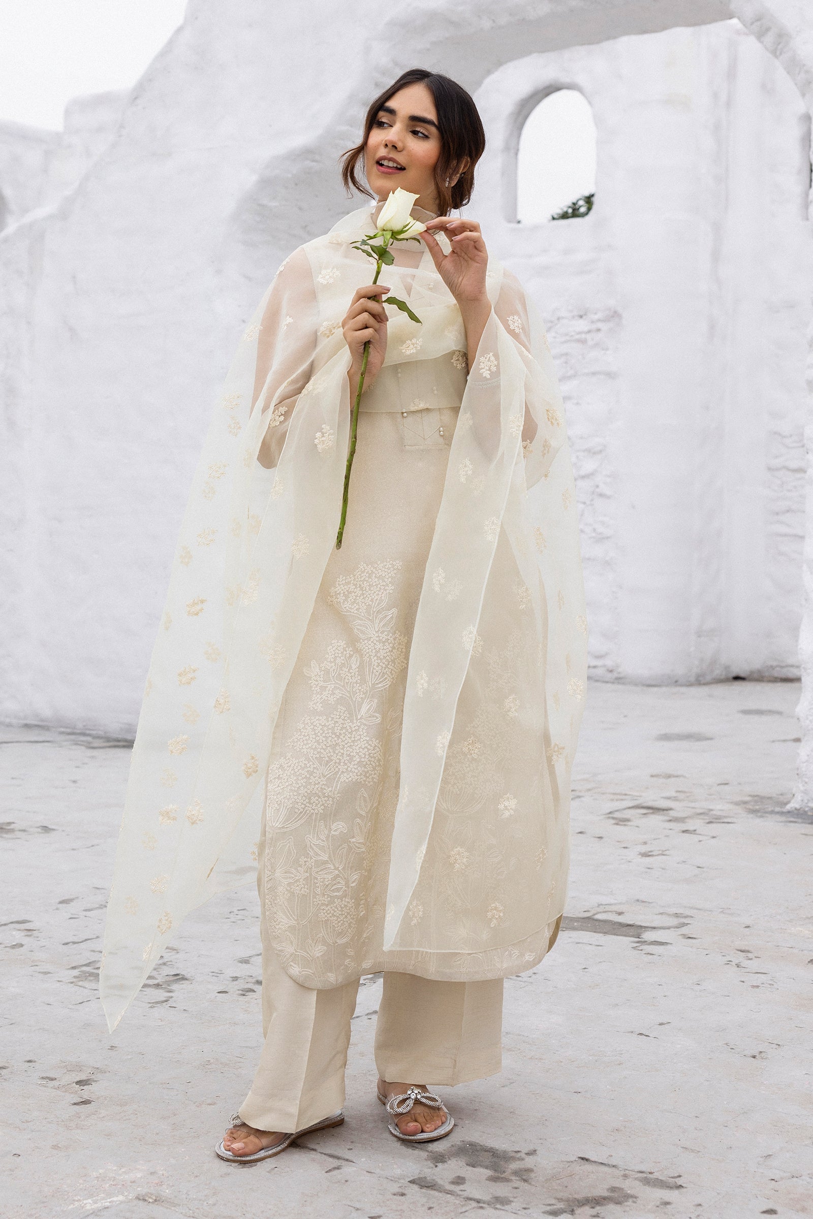 Nude Beige Embroidered Cotton Karandi Suit (3-Piece) - Image 3