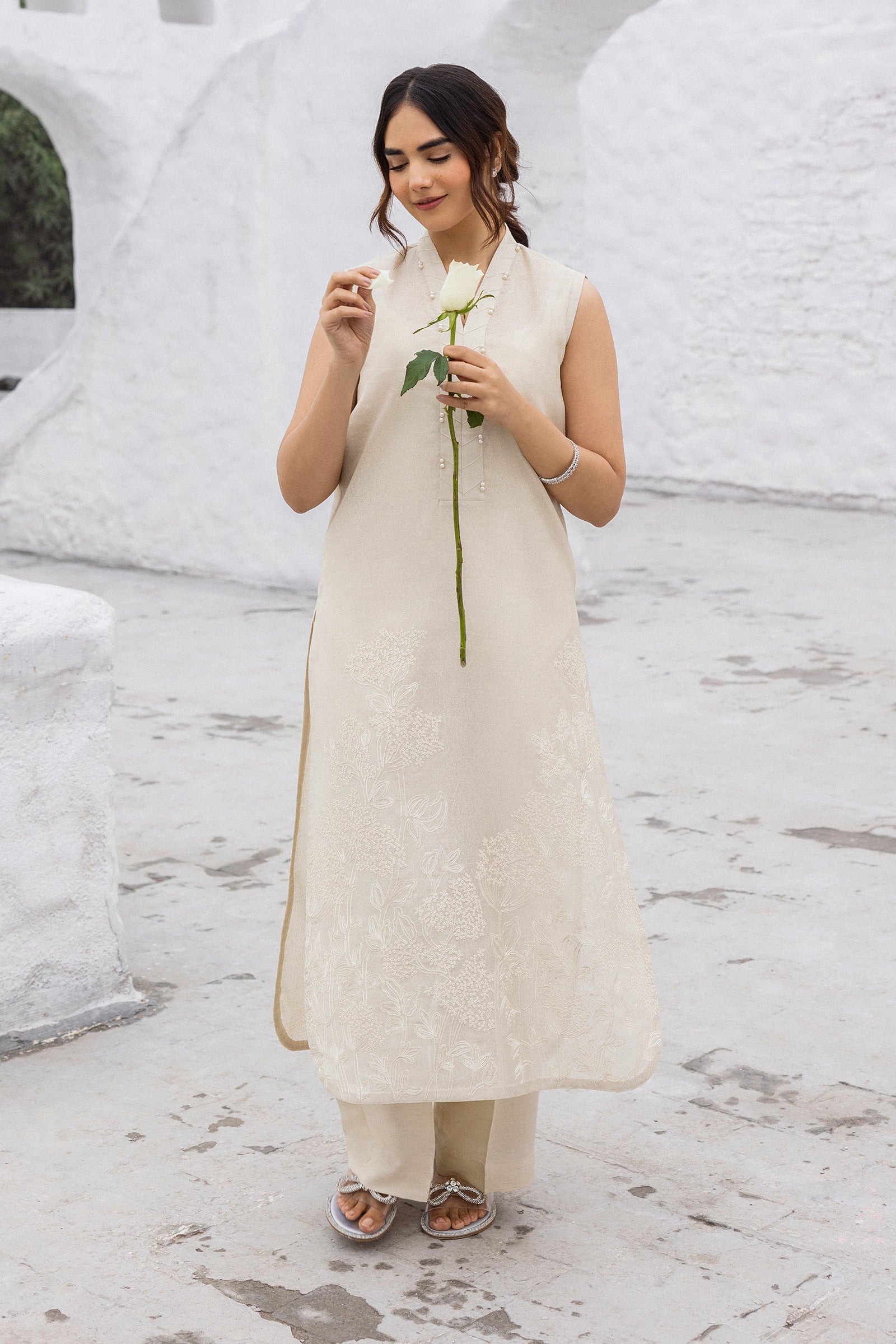 Nude Beige Embroidered Cotton Karandi Suit (3-Piece) - Image 9