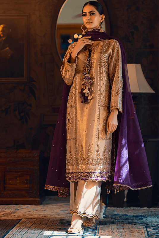 Fawn & Purple Zardozi Cotton Masoori Kurta Set (3-Piece) - Image 3