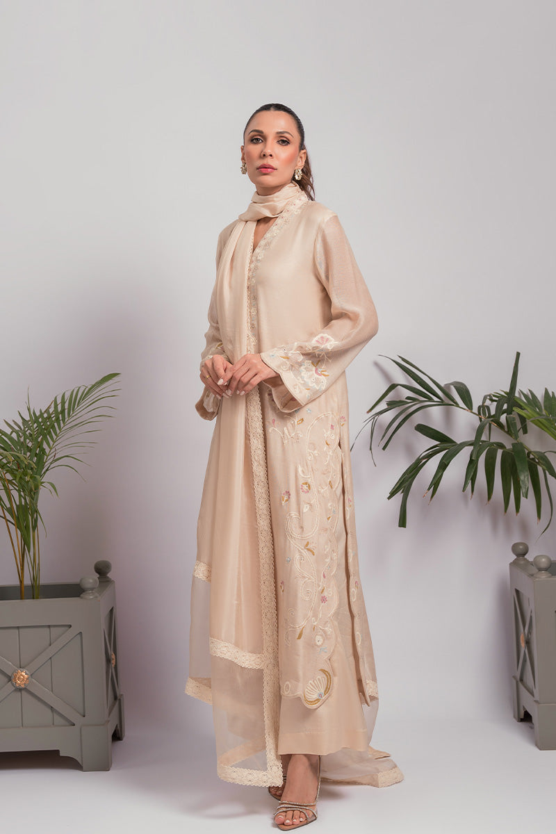 Biscuit Beige Aari Embroidered Cotton Net Salwar Kameez (3-Piece) - Image 3