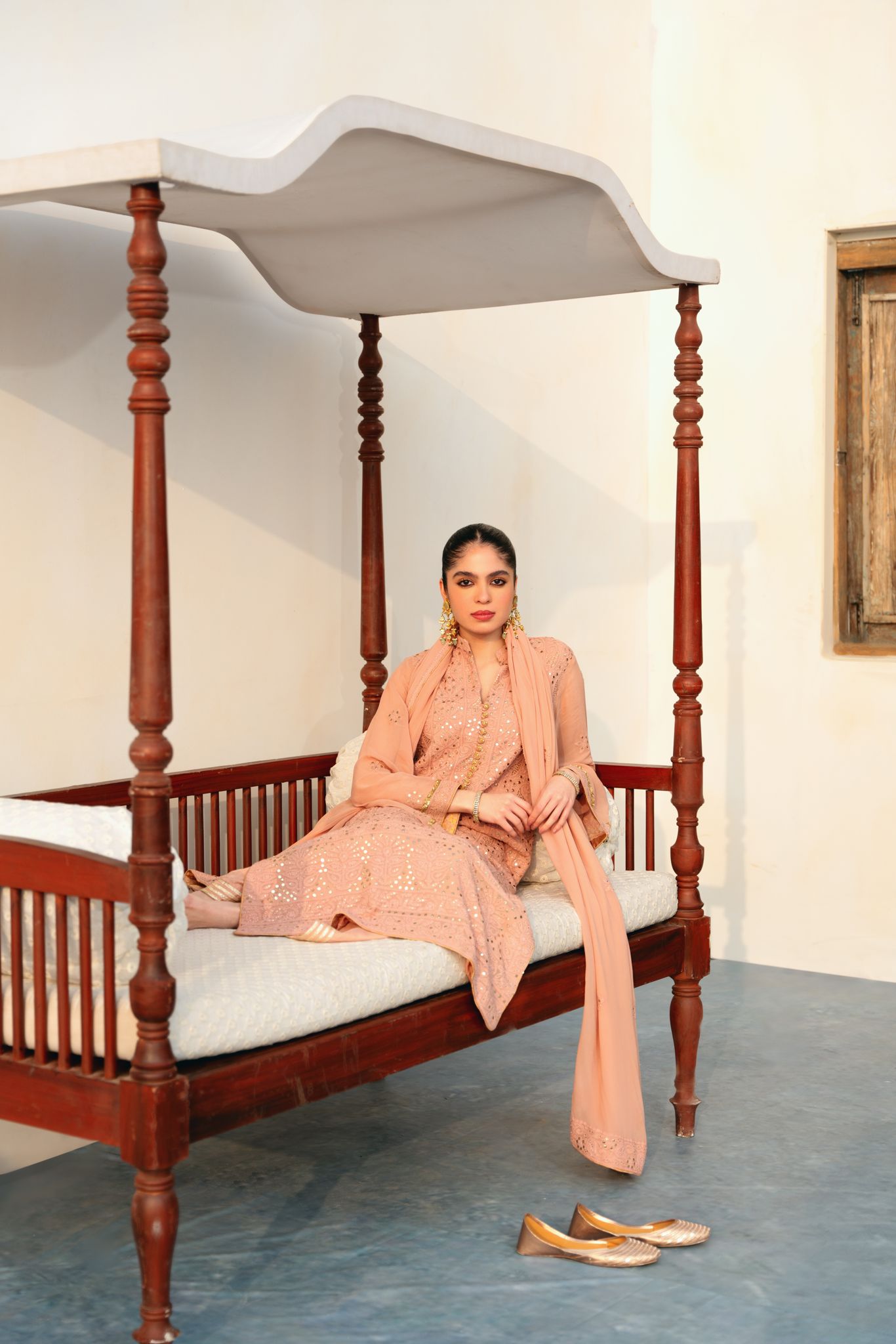 Taupe Chikankari Cotton Net Long Kameez (3-Piece) - Image 2