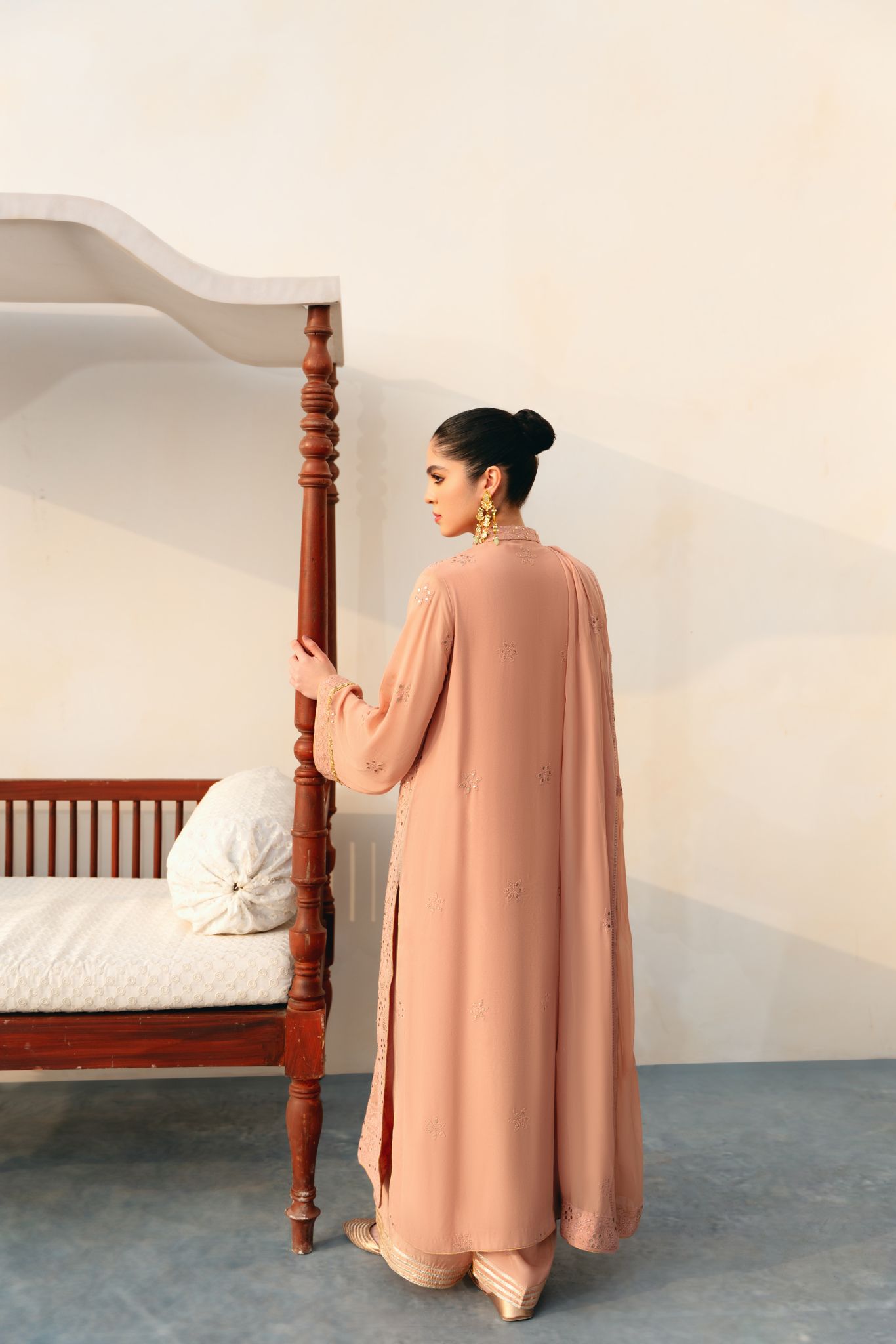 Taupe Chikankari Cotton Net Long Kameez (3-Piece) - Image 3