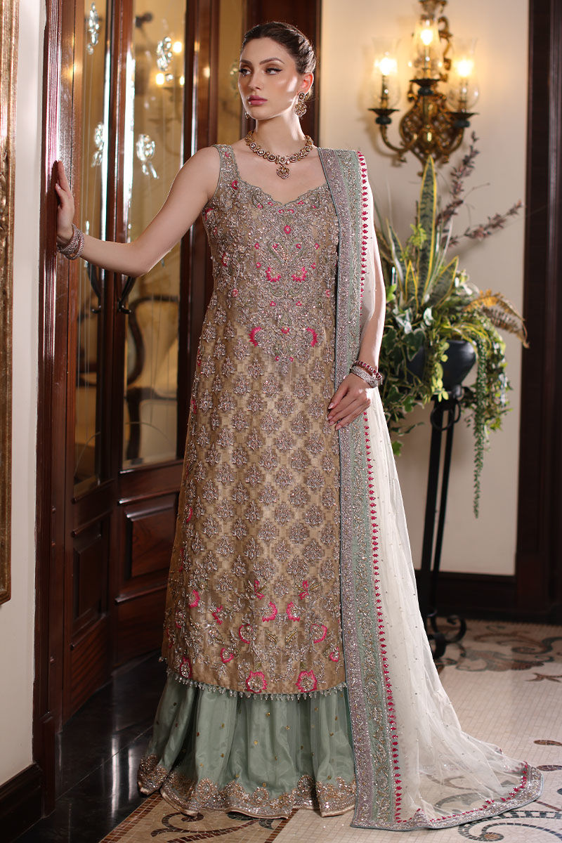 Pakistani Beige Hand-Embroidered Cotton Net Kameez with Lehenga (3-Piece) - Image 1