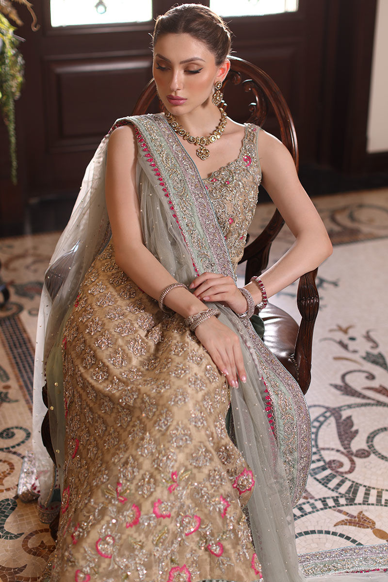 Pakistani Beige Hand-Embroidered Cotton Net Kameez with Lehenga (3-Piece) - Image 2