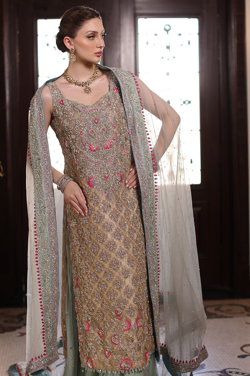 Pakistani Beige Hand-Embroidered Cotton Net Kameez with Lehenga (3-Piece) - Image 3
